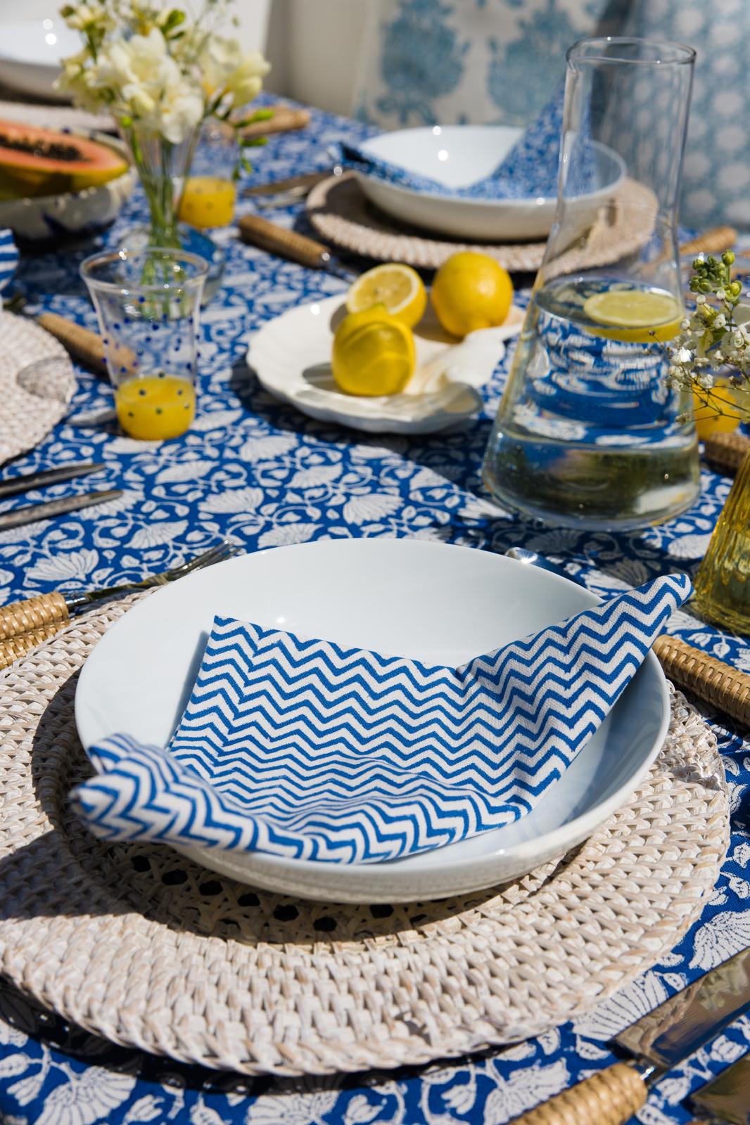 Mediterranean Blue Block Printed Chevron Napkins - Set of 4