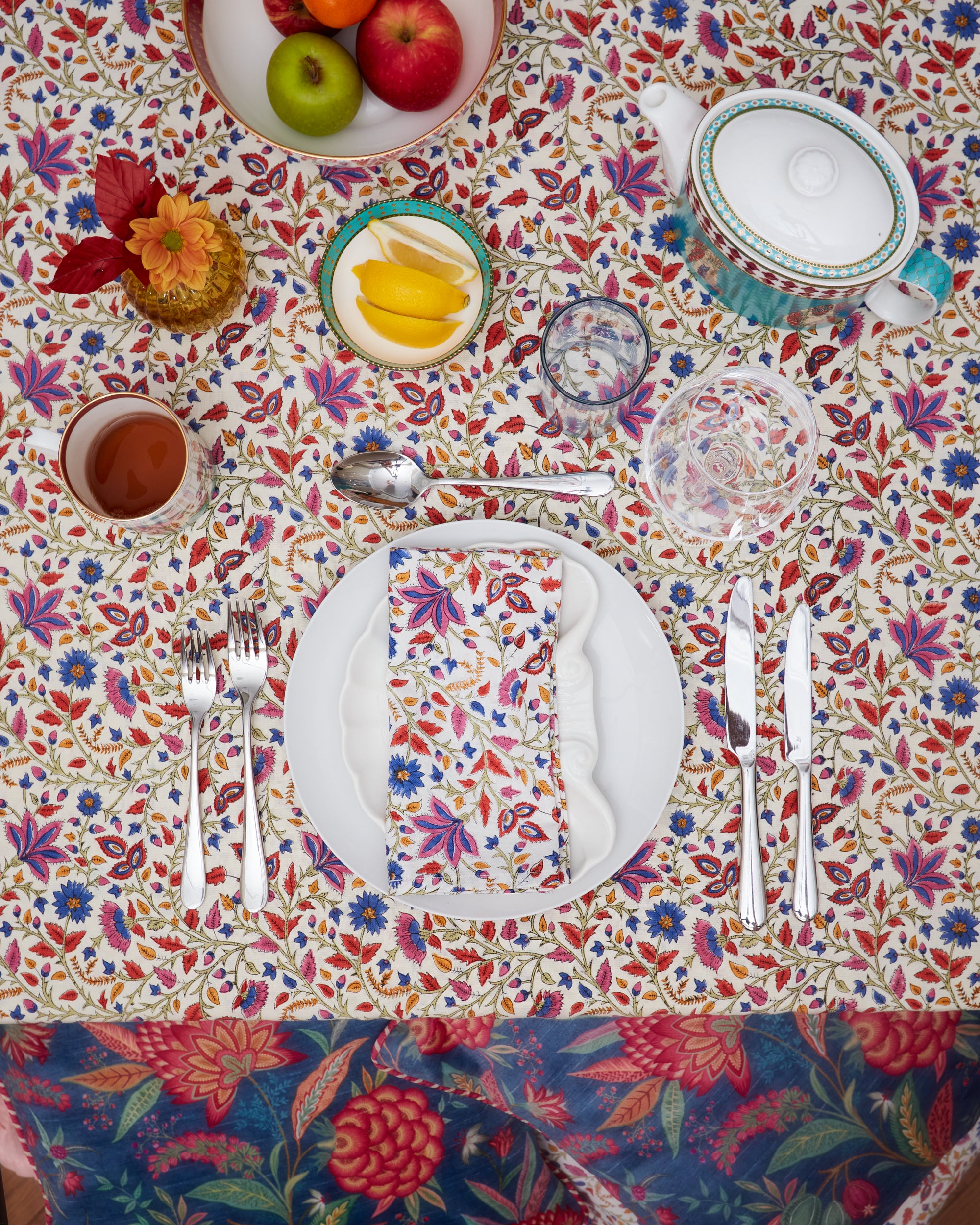 Indian Floral Tablecloth in Indigo & Burnt Orange