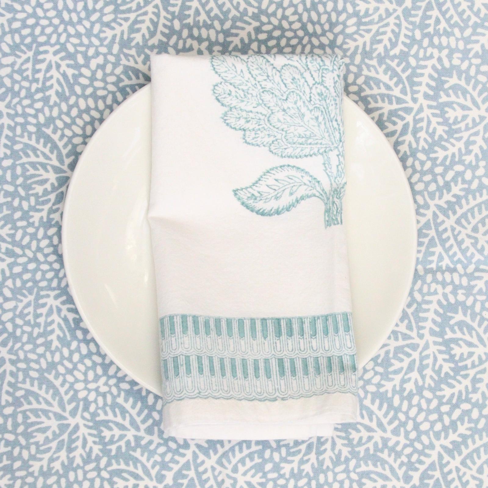 Set of 4 Block Printed Tree of Life Napkins - Pale Turquoise Print