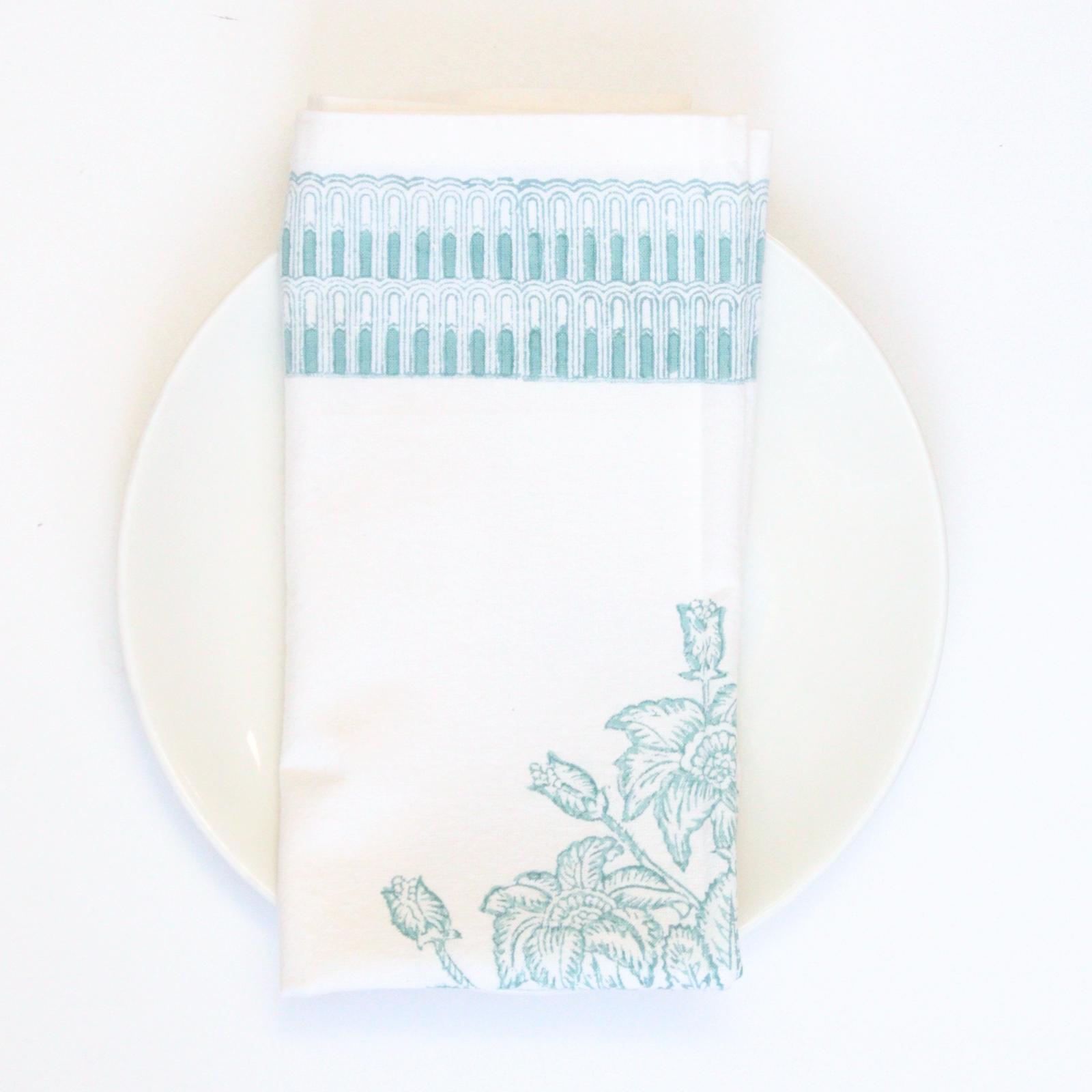 Set of 4 Block Printed Tree of Life Napkins - Pale Turquoise Print