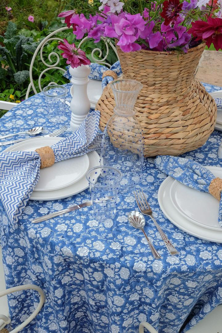 Round Tablecloth - Blue & White Floral Print, 220cm