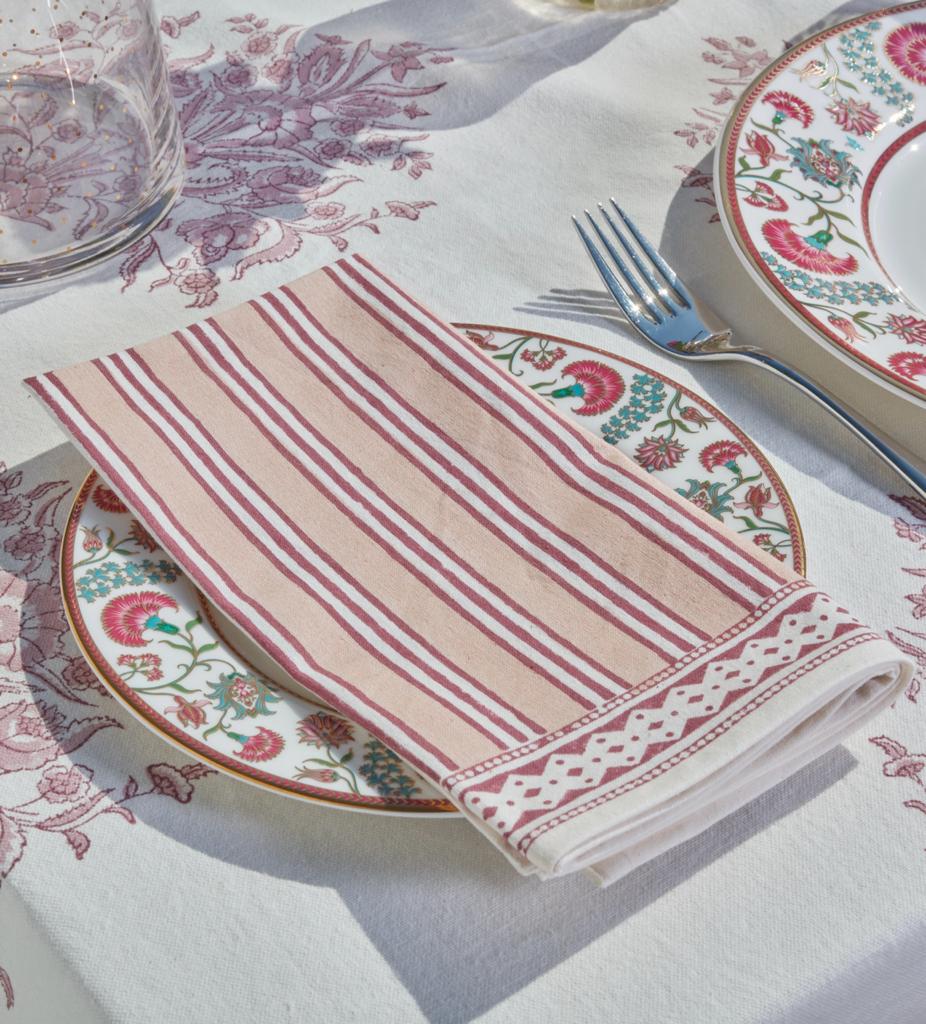 Set of 4 Block Printed Cotton Napkins in Blush Cherry Stripe