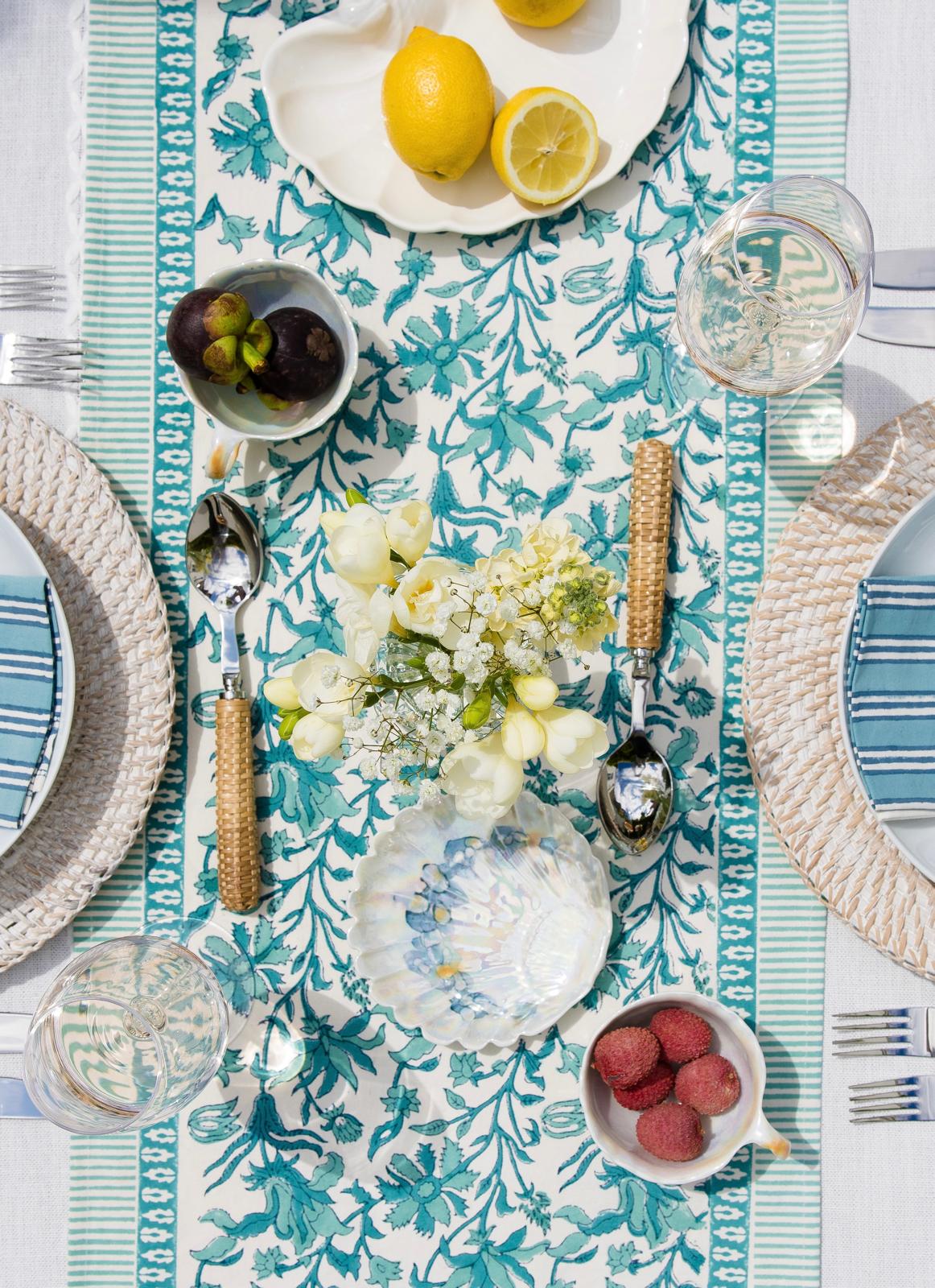 Block Printed Table Runner in Blue Jaipur Florals