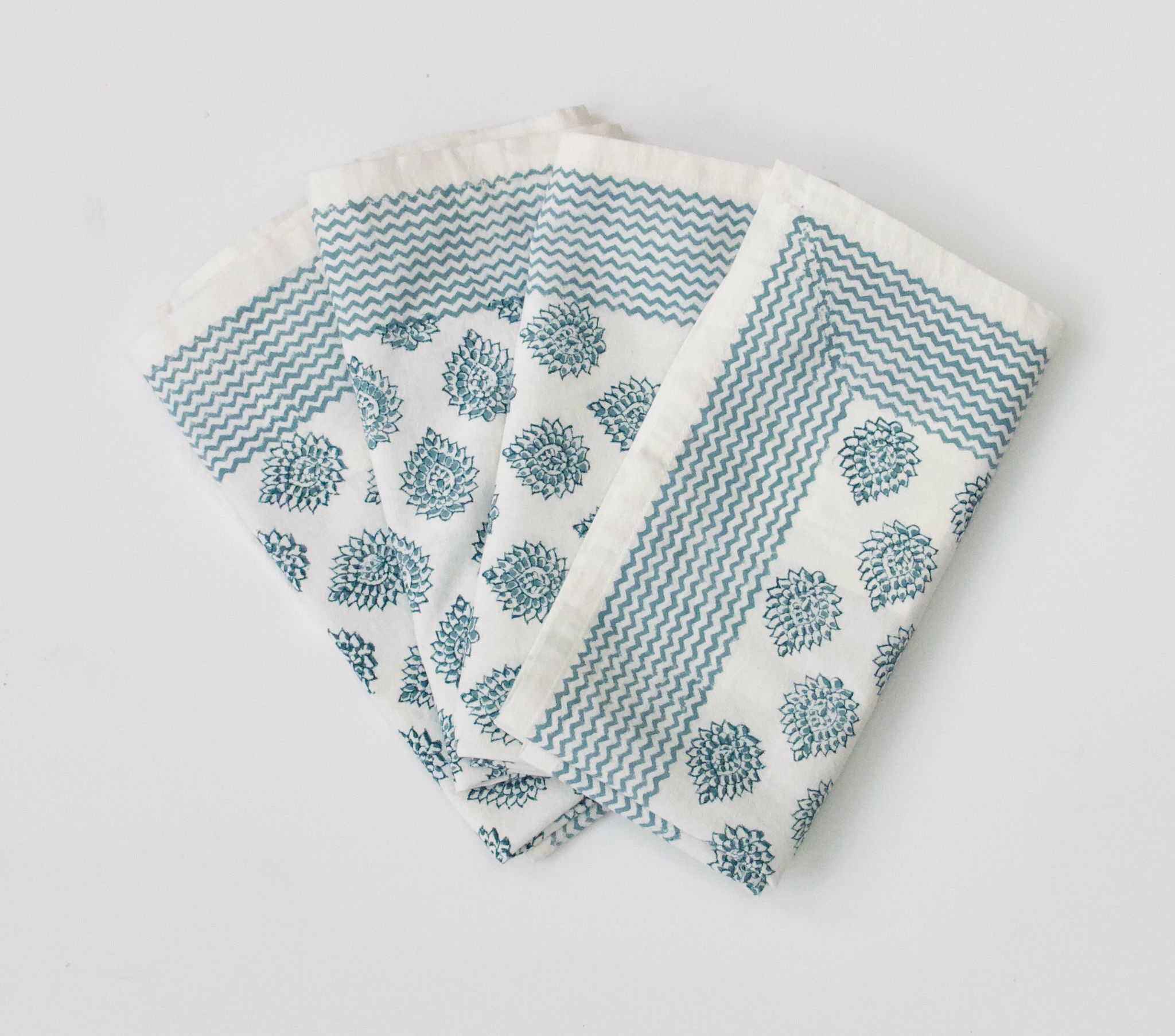 Set of 4 Block Printed Lotus Green Napkins