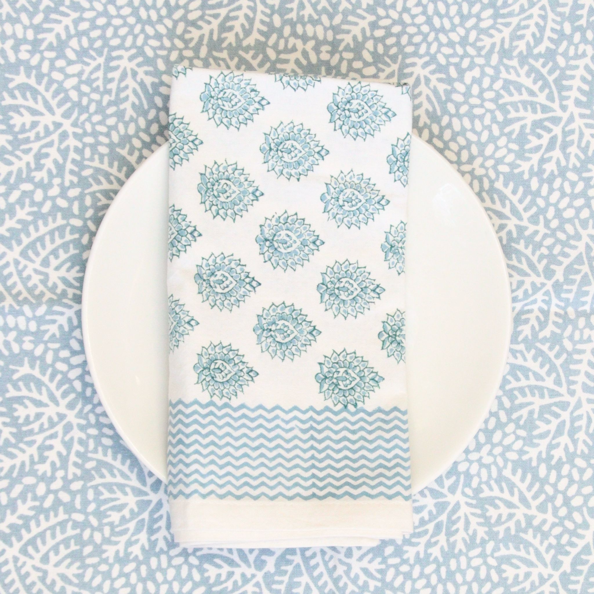 Set of 4 Block Printed Lotus Green Napkins