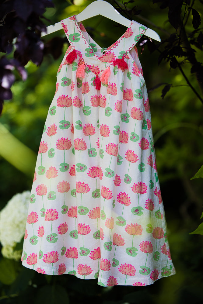 Girls Cotton Dress in Pink Lotus Print