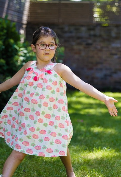 Girls Cotton Dress in Pink Lotus Print