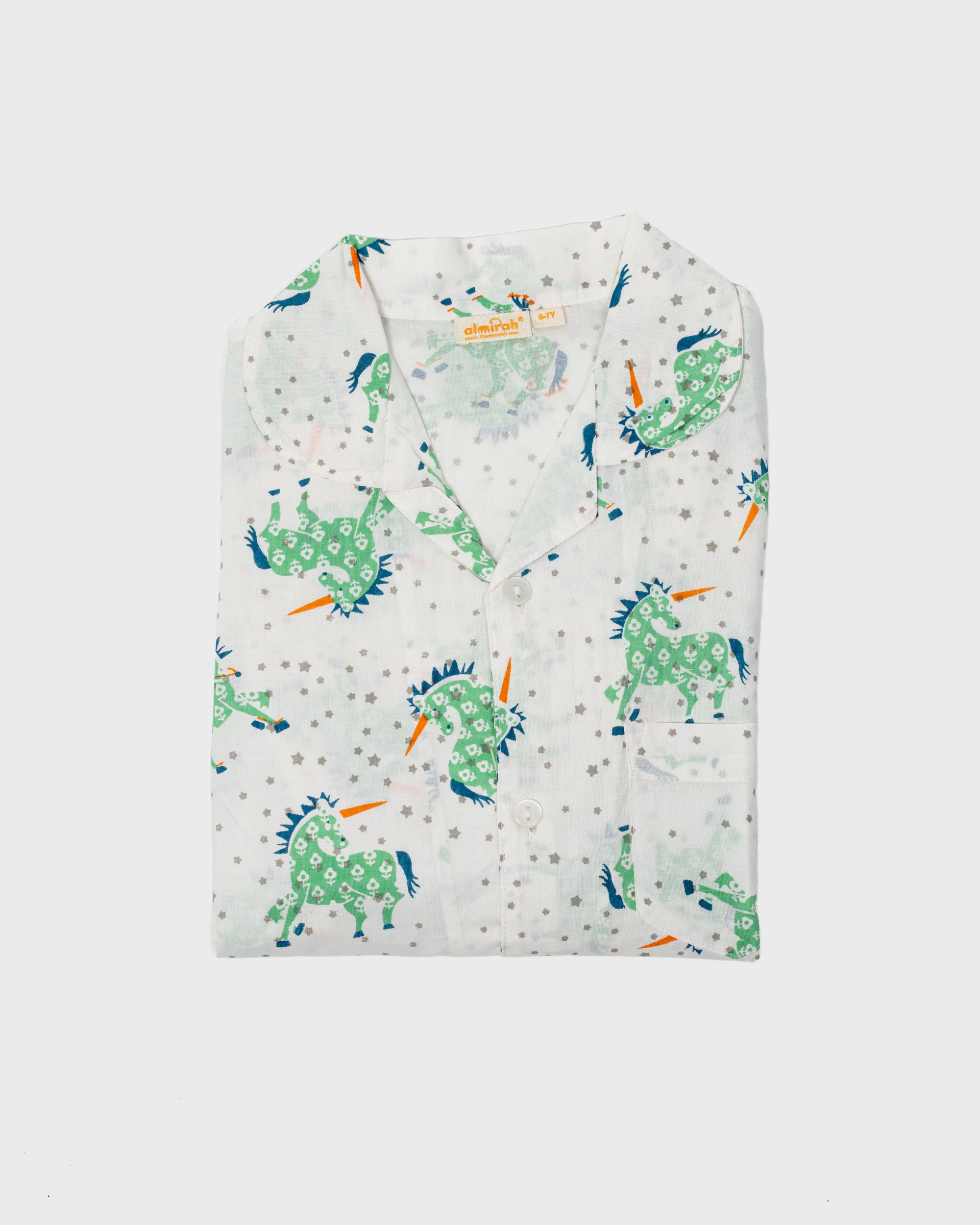 Girls & Boys Cotton Pyjamas in Green Unicorn Print