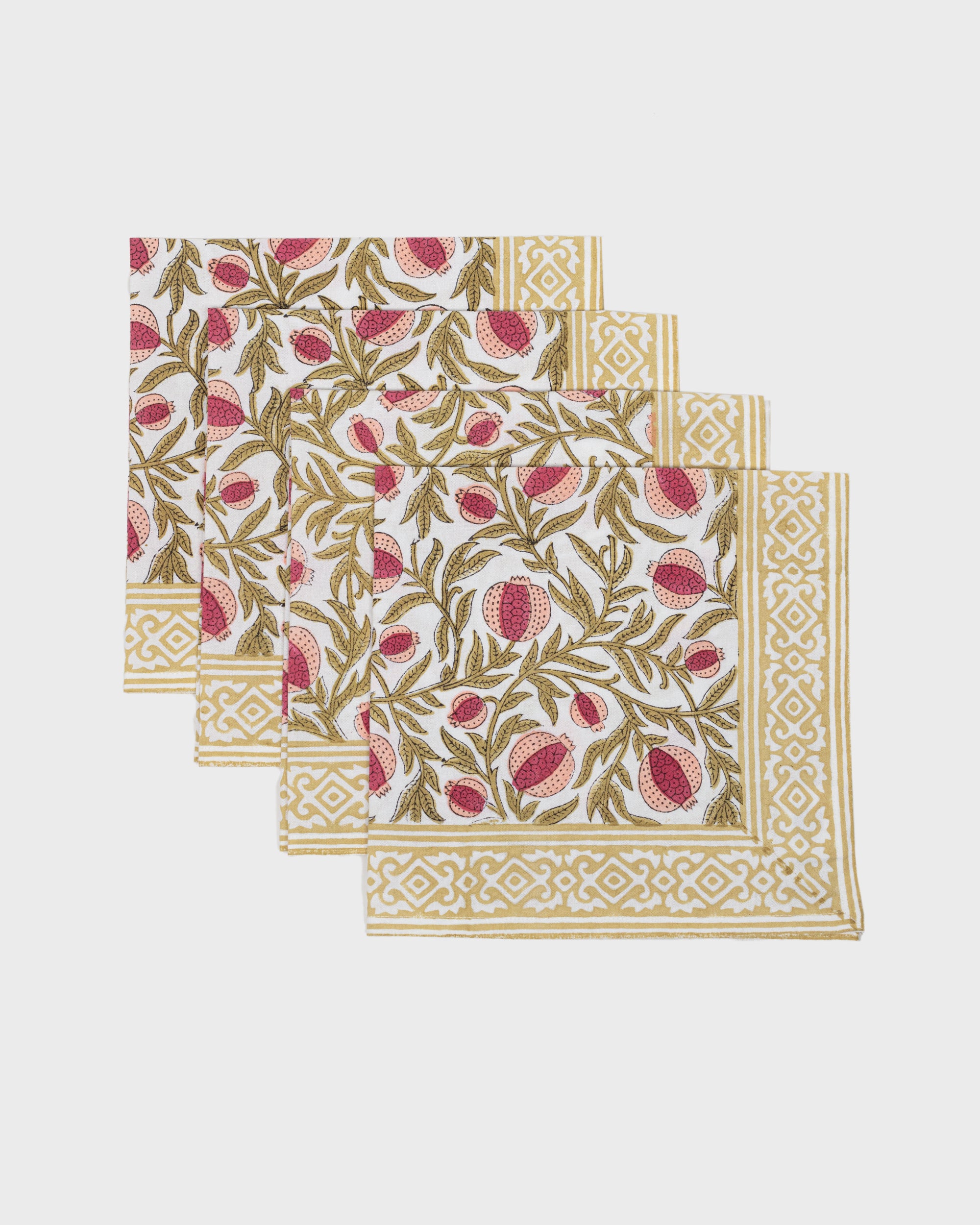 Set of 4 Block Printed Cotton Napkins in Pomegranate Print