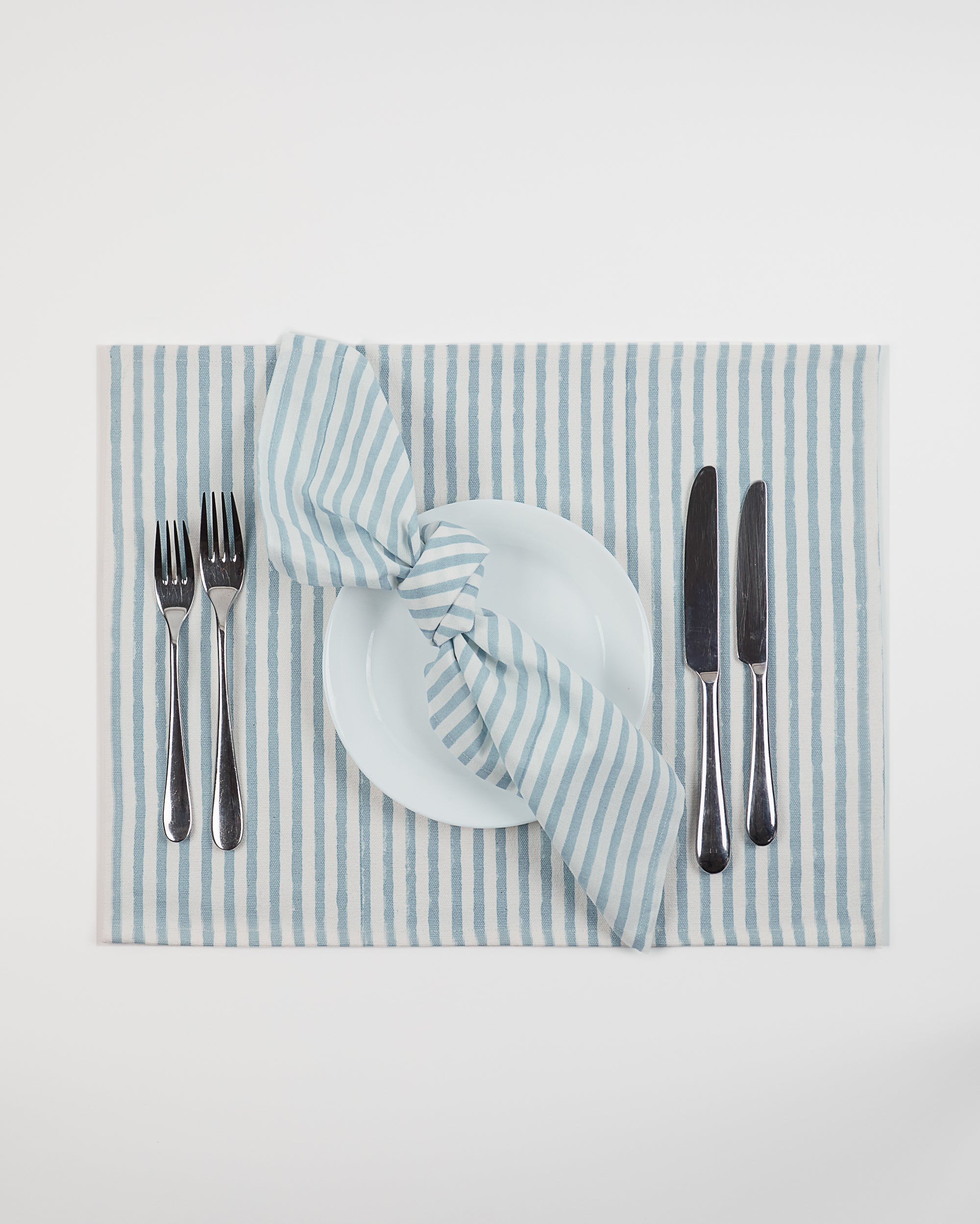 Block Printed Cotton Striped Table Mat in Duck Egg Blue