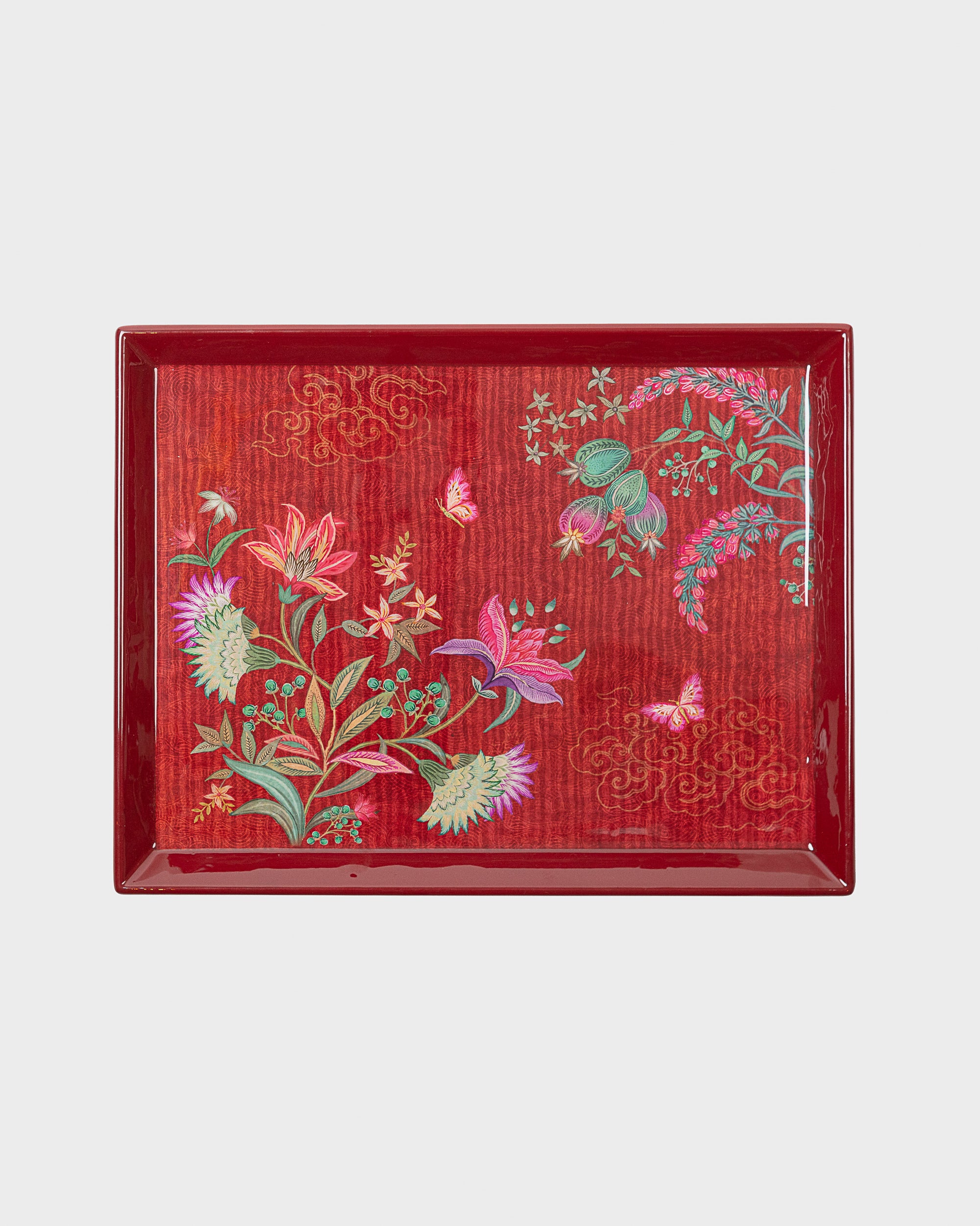 Decorative Floral Lacquer Tray in Red