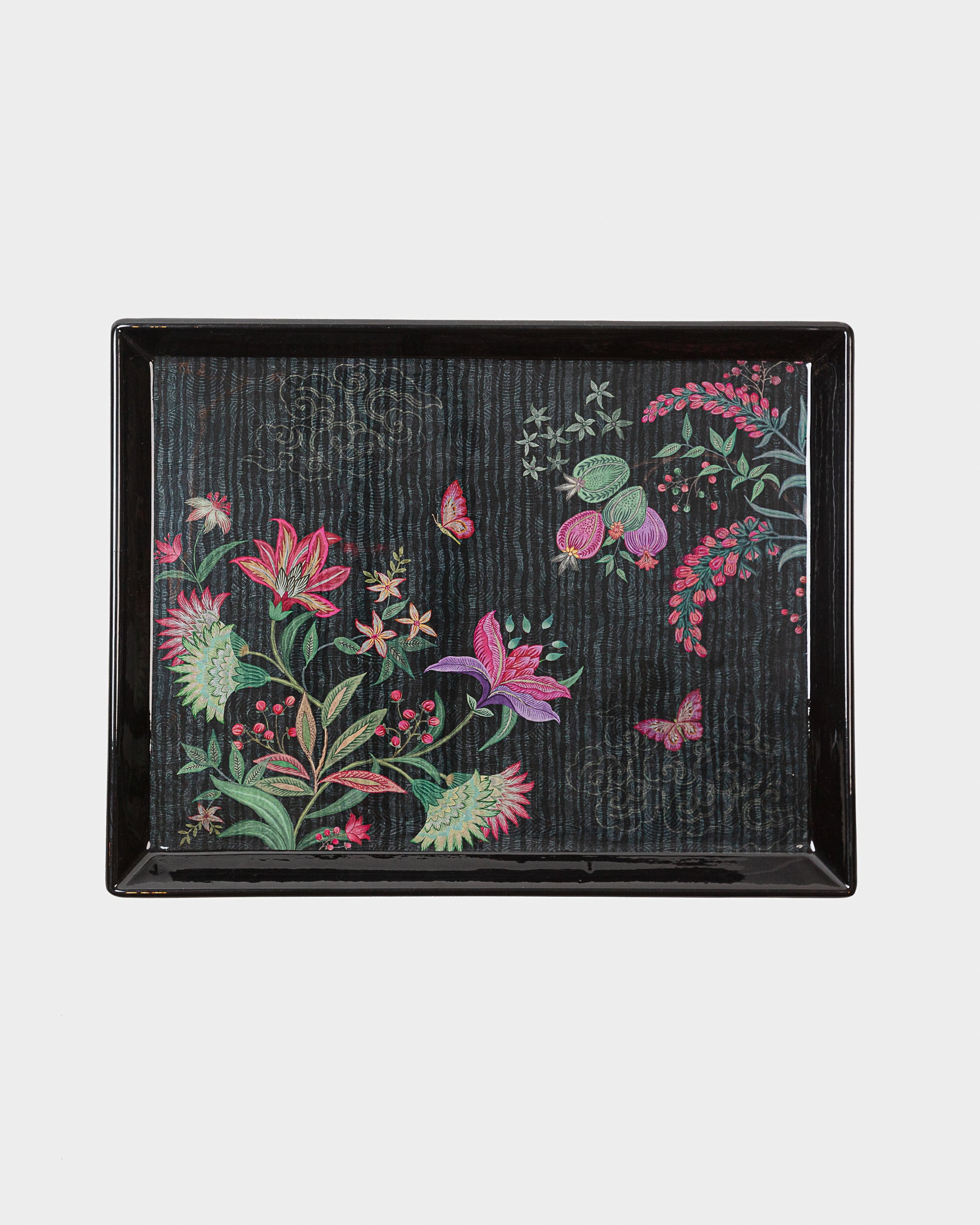 Decorative Floral Lacquer Tray in Black