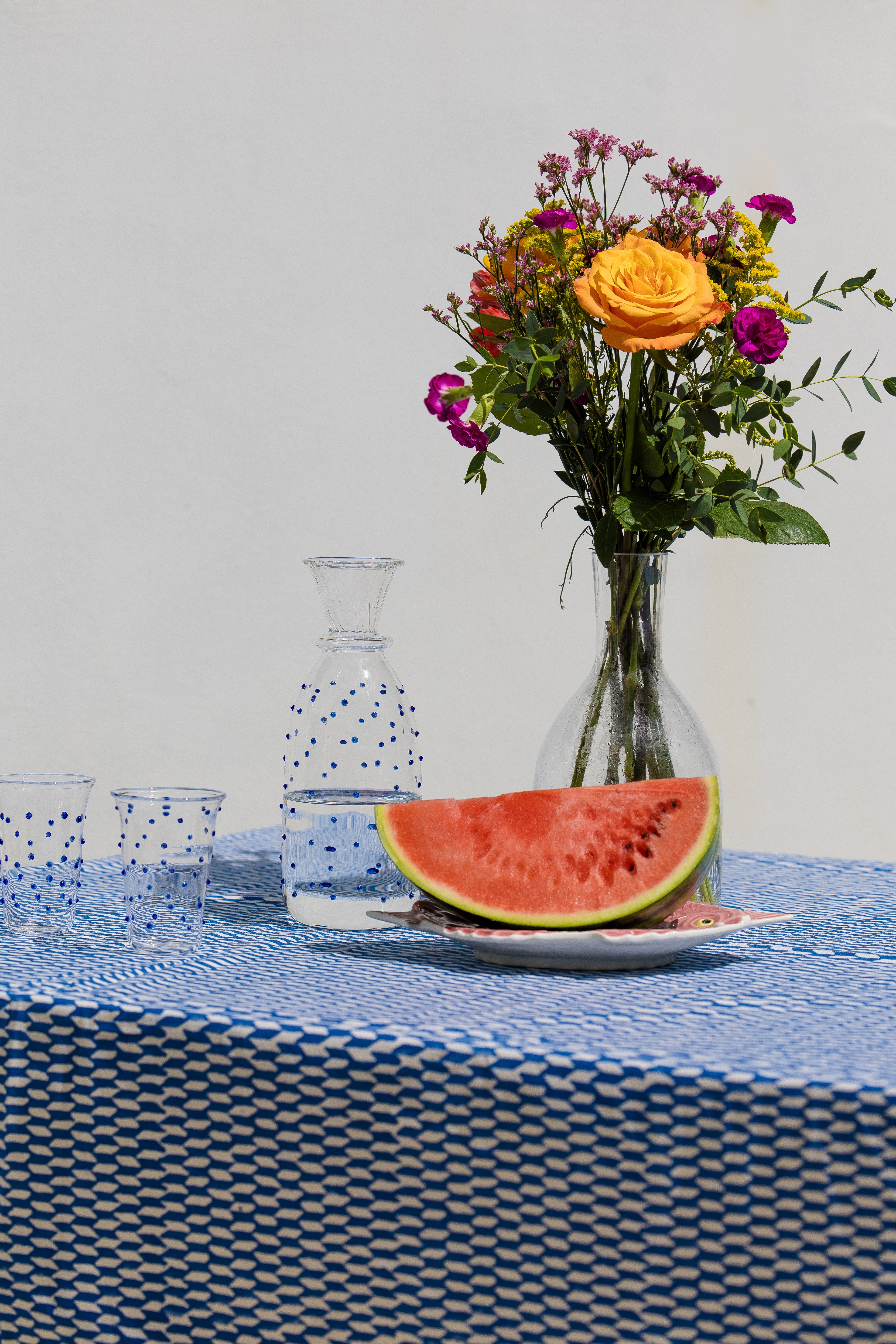 Blue Pom Pom Glass Carafe