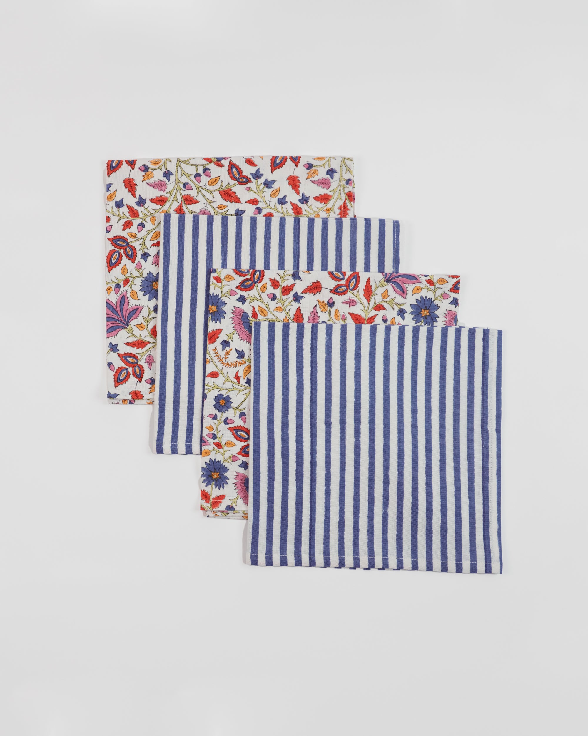 Set of 4 Floral and Stripe Napkins in Indigo & Burnt Orange