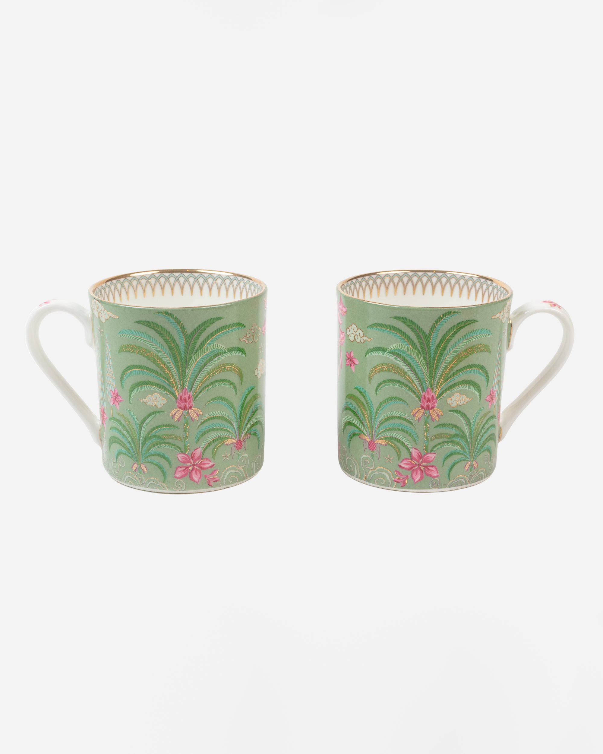 Set of 2 Fine Bone China Palm Mugs in Green