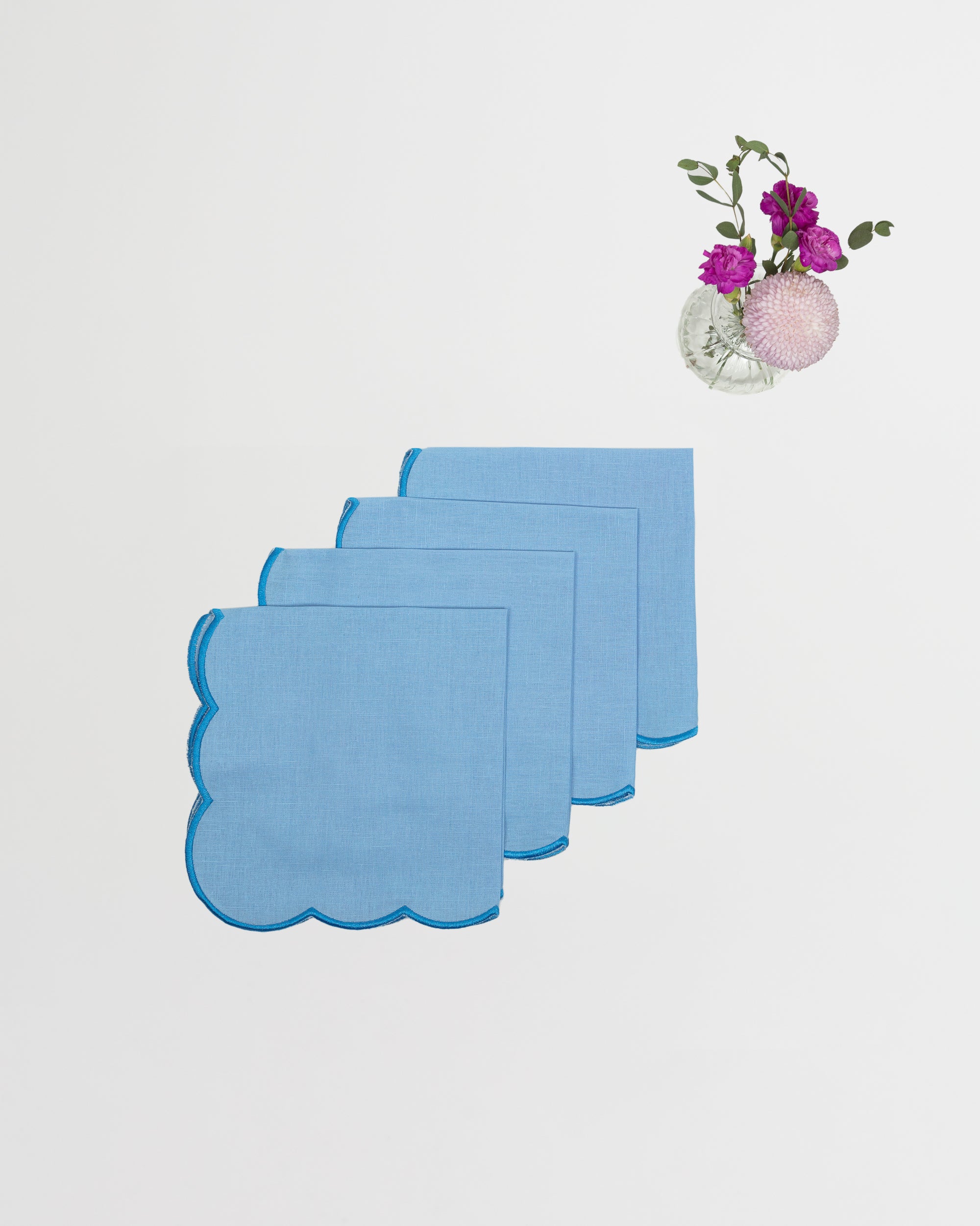 Embroidered Blue Linen Scallop Napkins - Set of 4