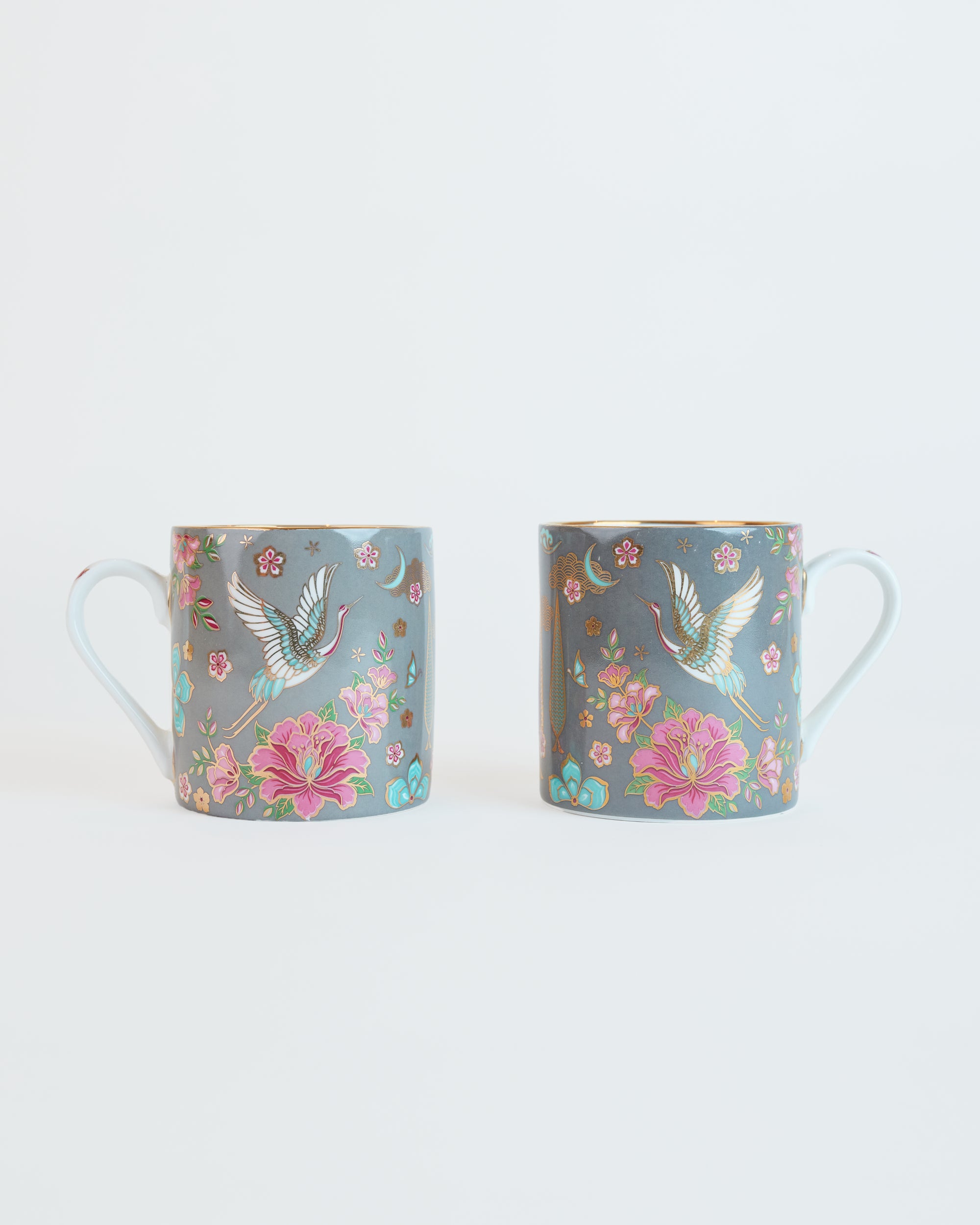 Set of 2 Fine Bone China Floral Mugs in Grey