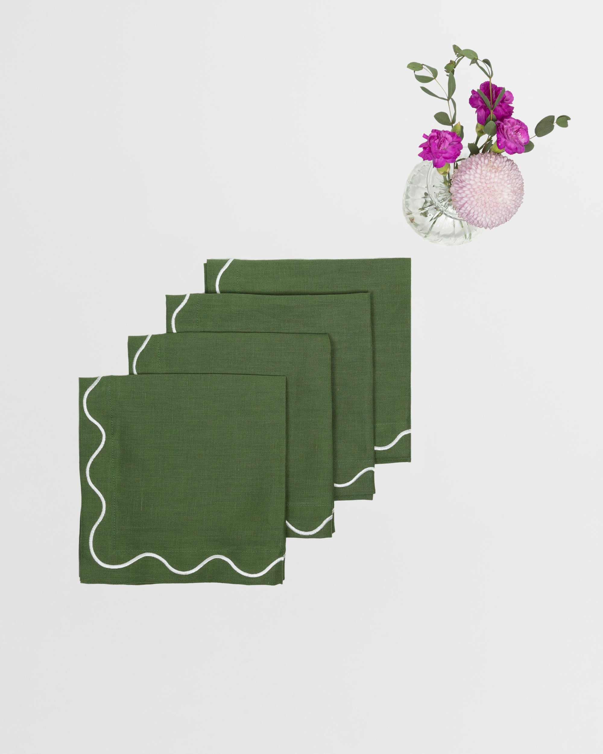 Dark Green Linen Napkins with border - Set of 4