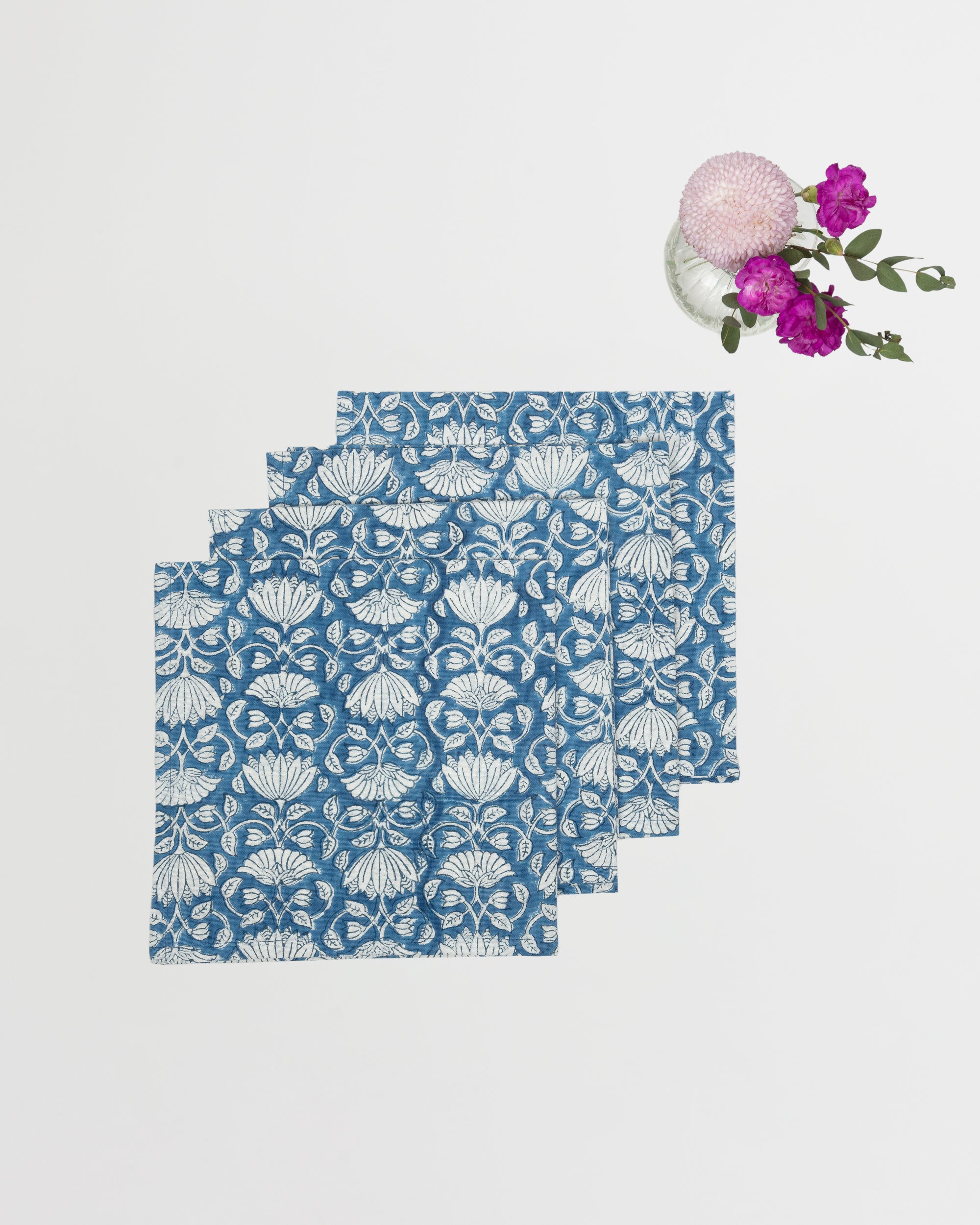 Mediterranean Blue Block Printed Lotus Flower Napkins - Set of 4