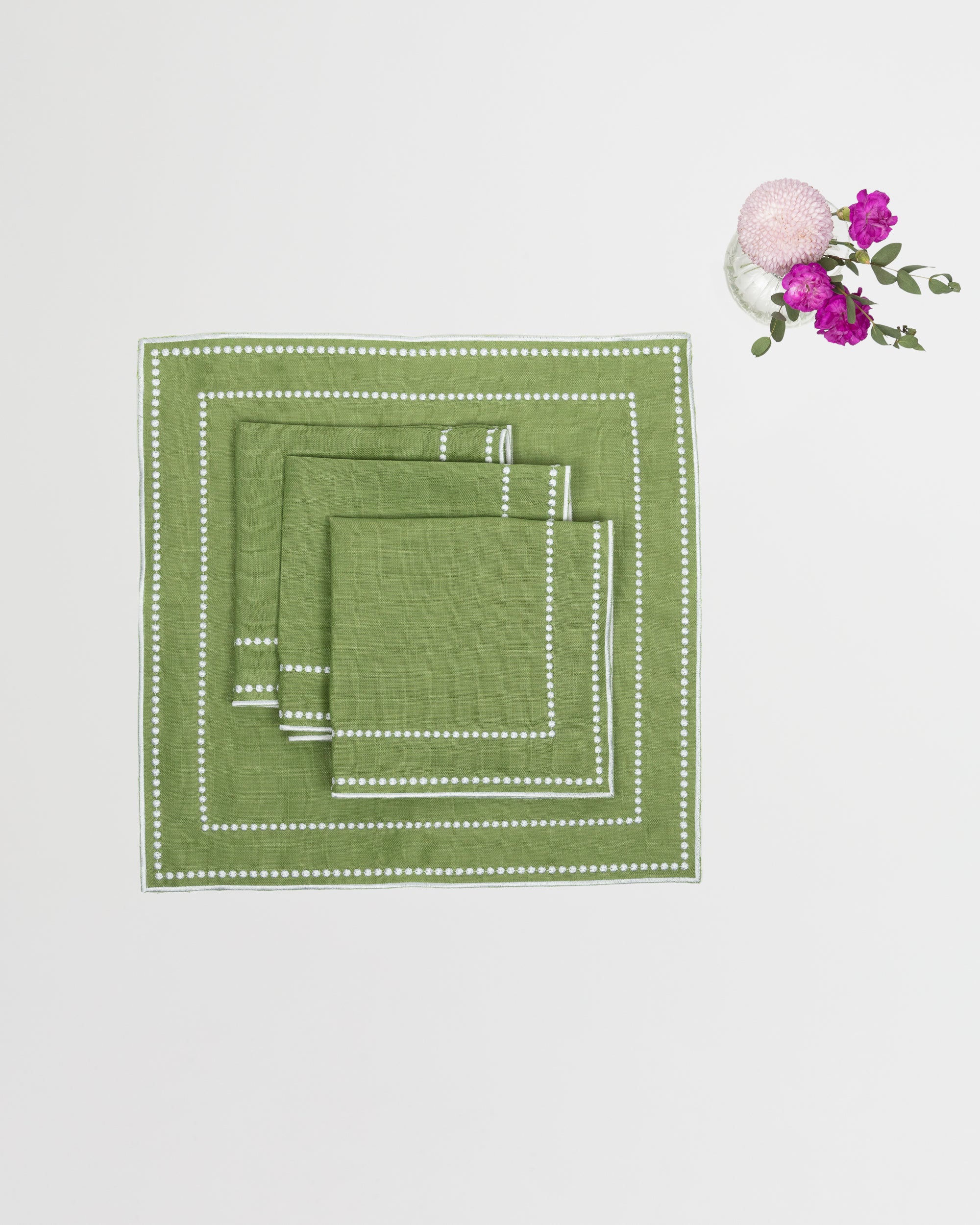 Sage Green Linen Placemats with Embroidered Edge - Set of 4