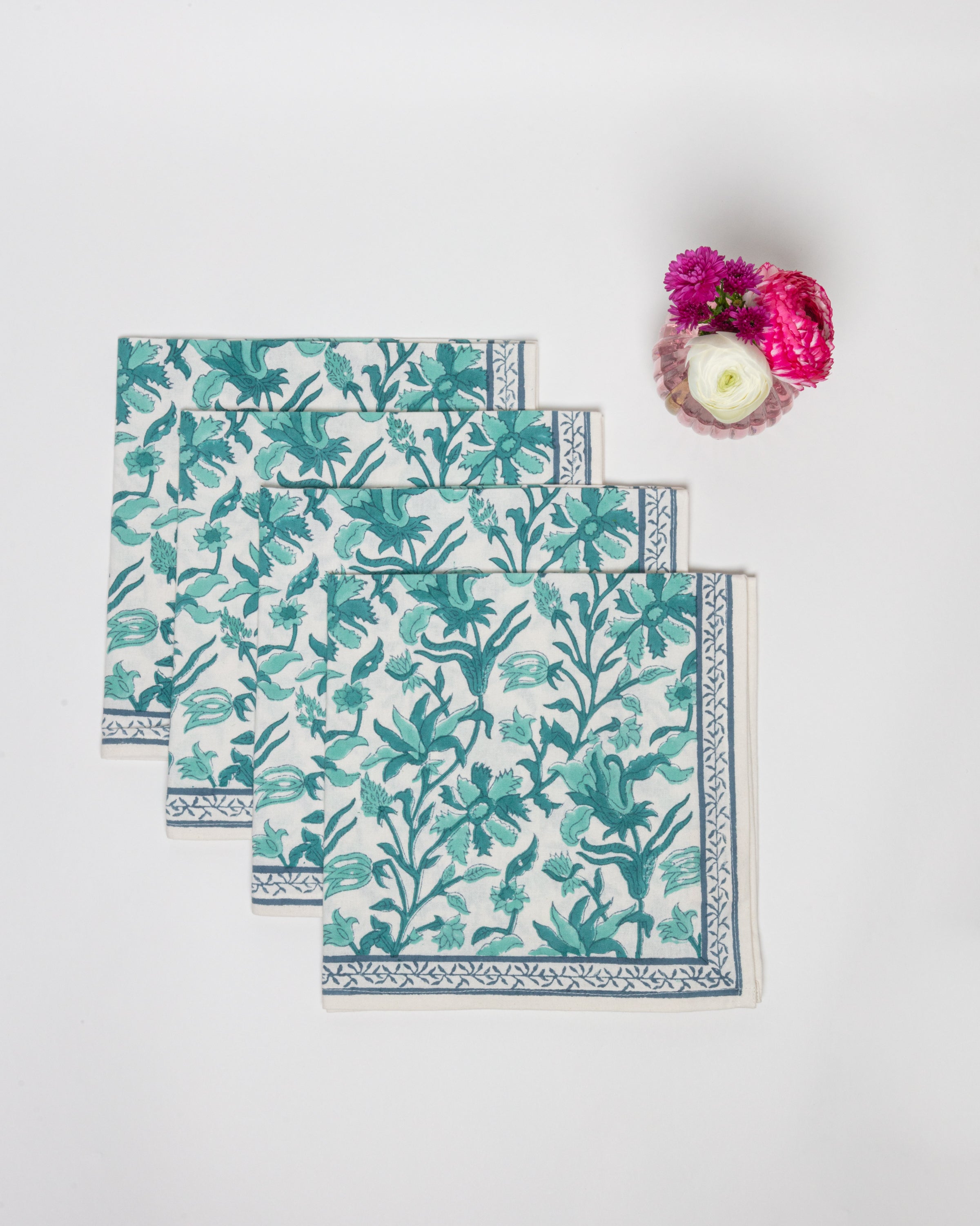 Set of 4 Block Printed Cotton Napkins in Turquoise Florals