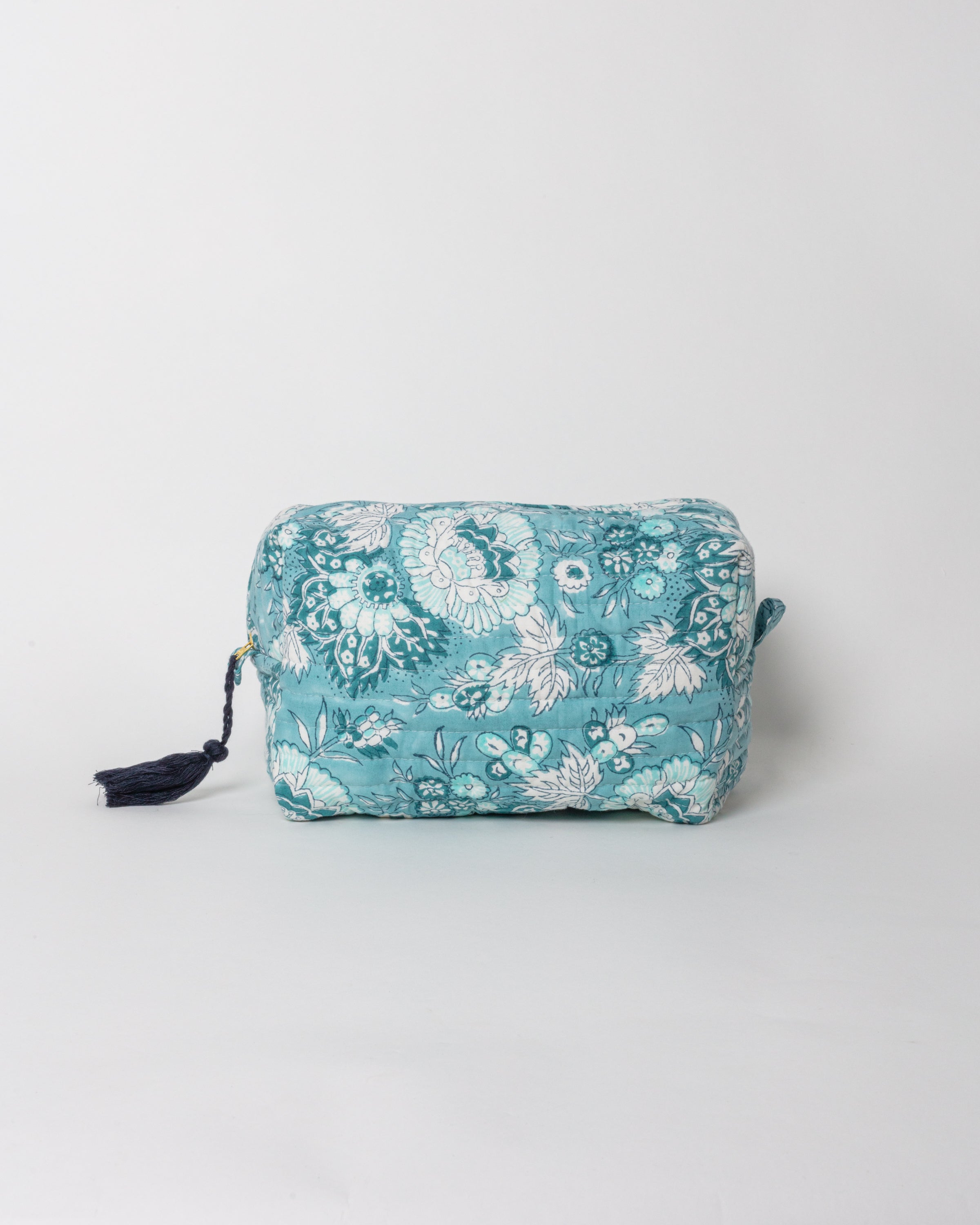 Block Printed Wash Bag in Blue Jaipur Flowers Print