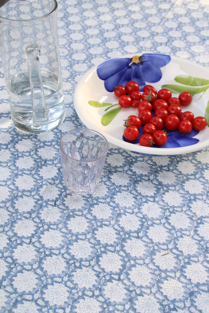 Extra Large Block Printed Tablecloth in Breezy Bluestone