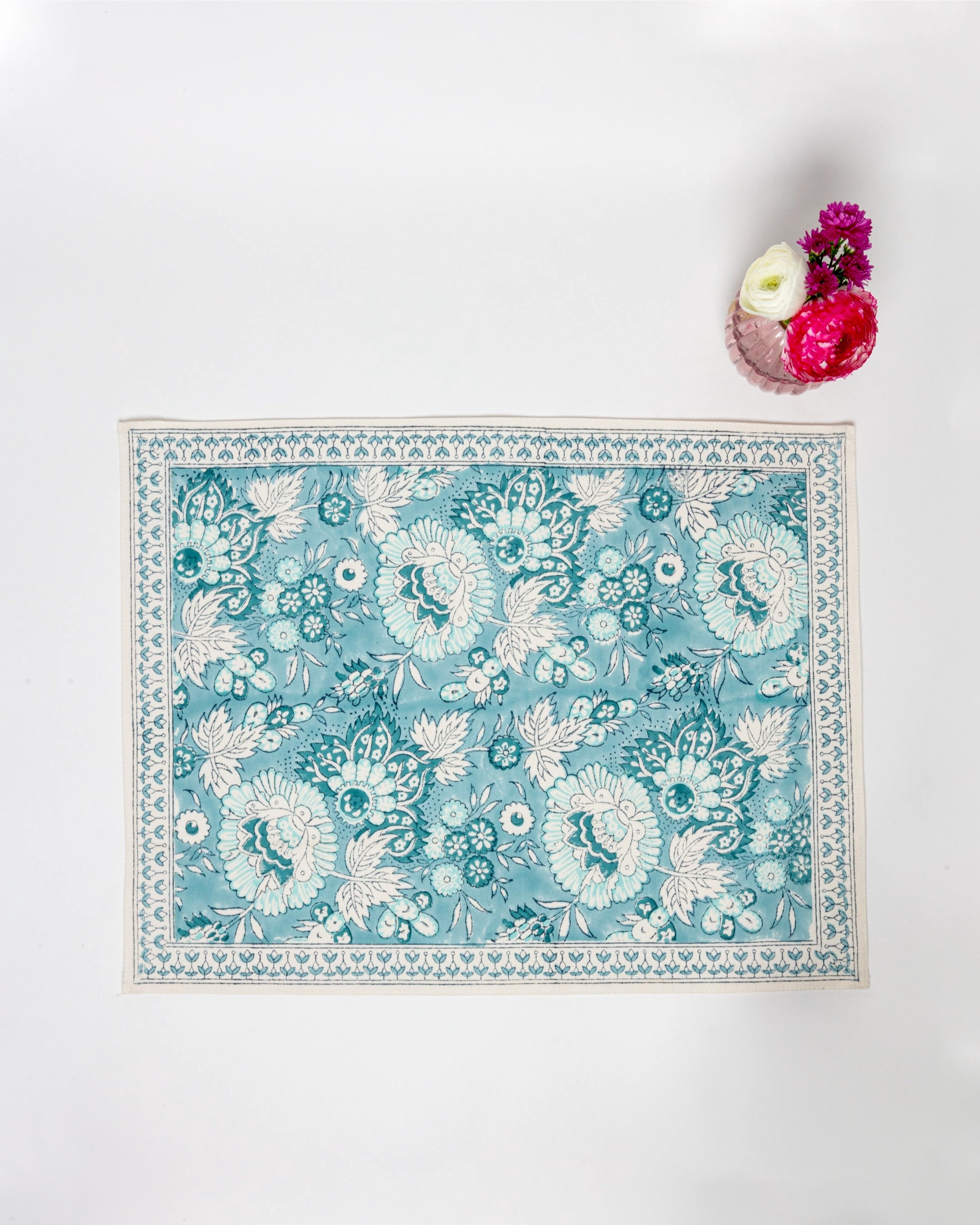 Block Printed Cotton Placemat in Blue Jaipur Flowers