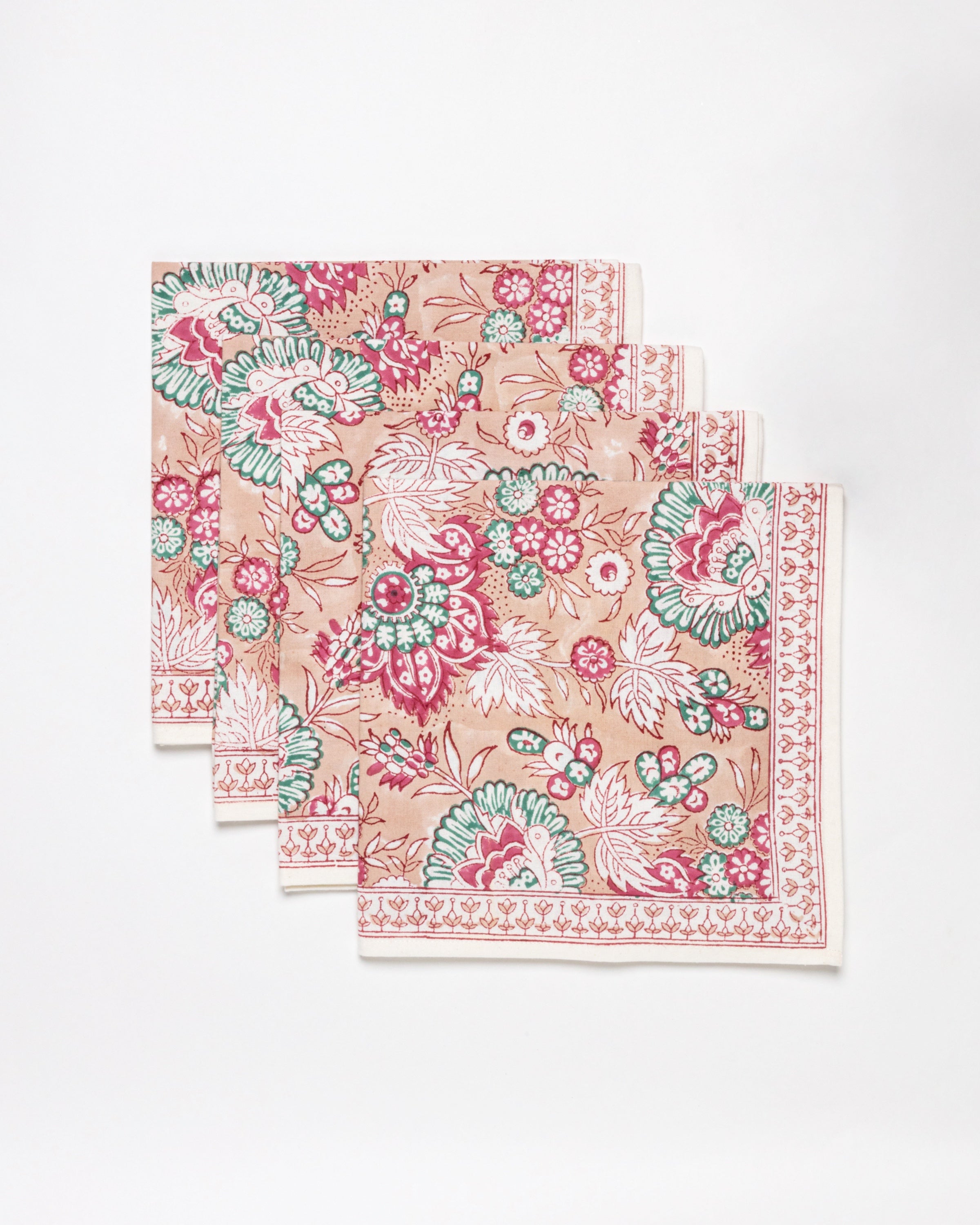 Set of 4 Block Printed Cotton Napkins in Blush Jaipur Flowers