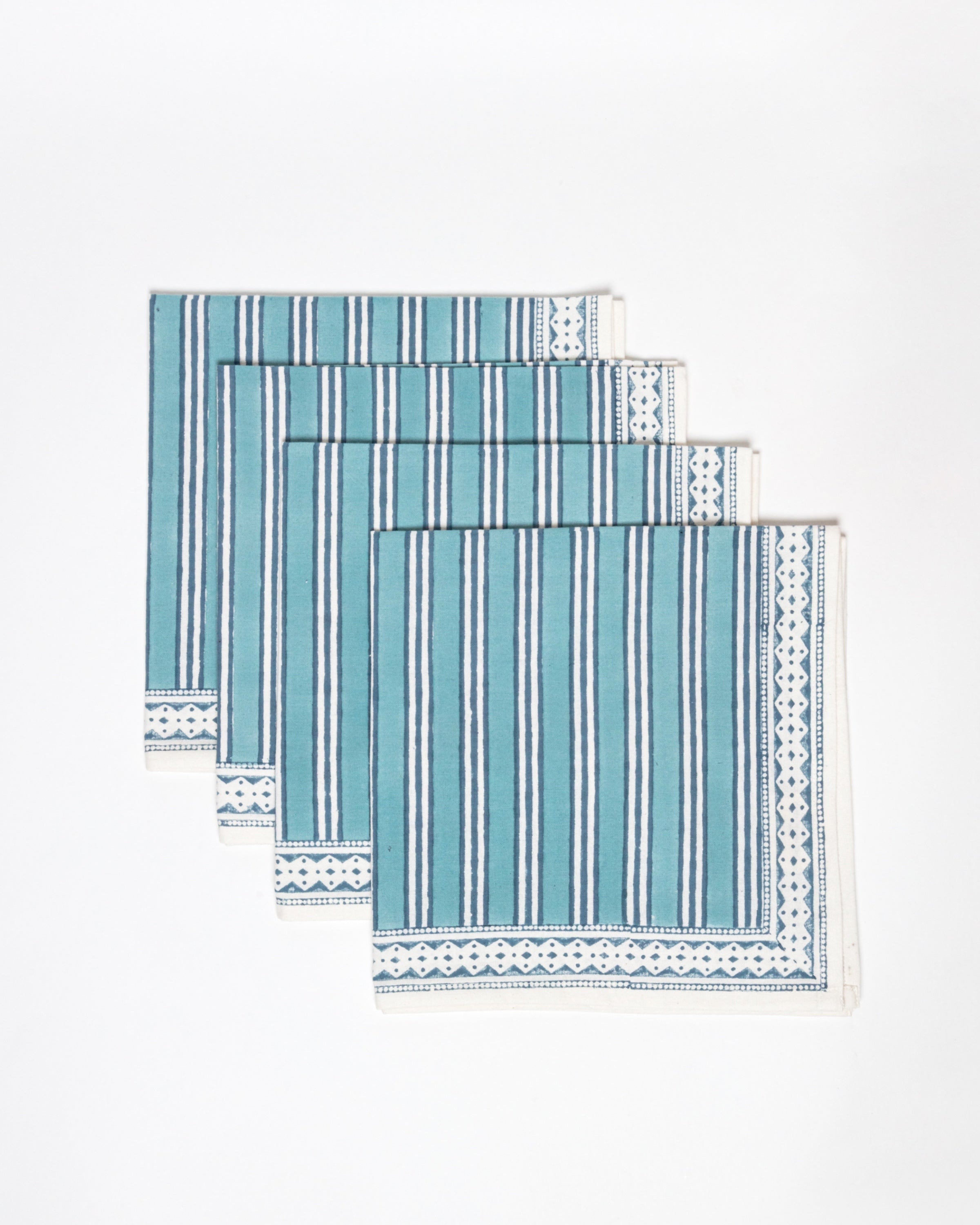 Set of 4 Block Printed Cotton Napkins in Turquoise Stripe