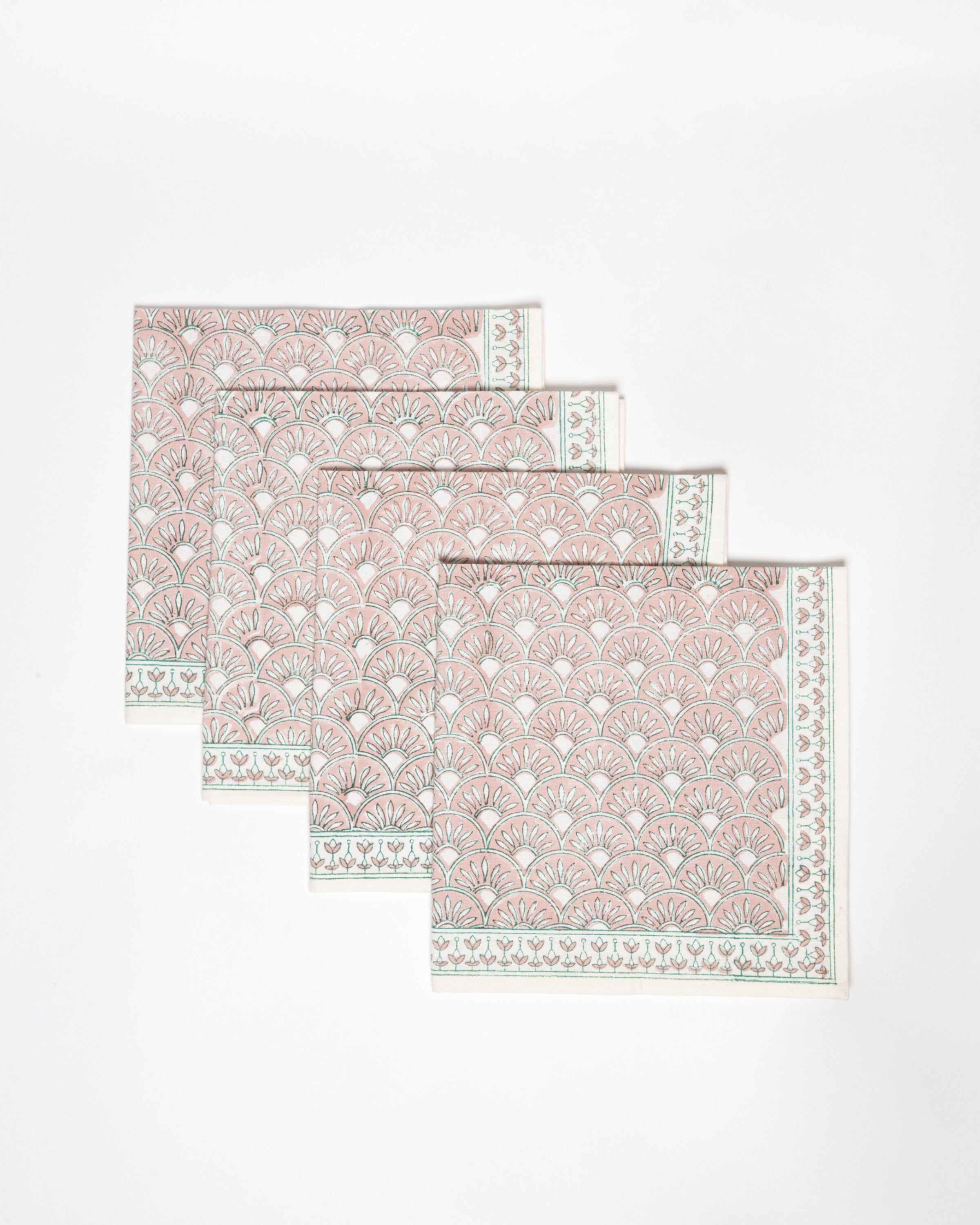 Set of 4 Block Printed Cotton Napkins in Geometric Blush & Turquoise