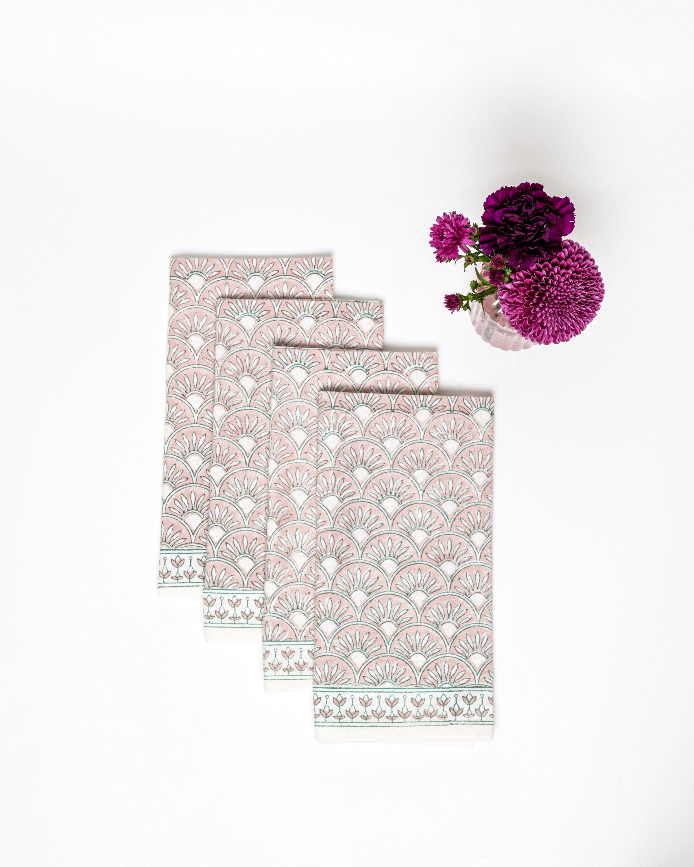 Set of 4 Block Printed Cotton Napkins in Geometric Blush & Turquoise