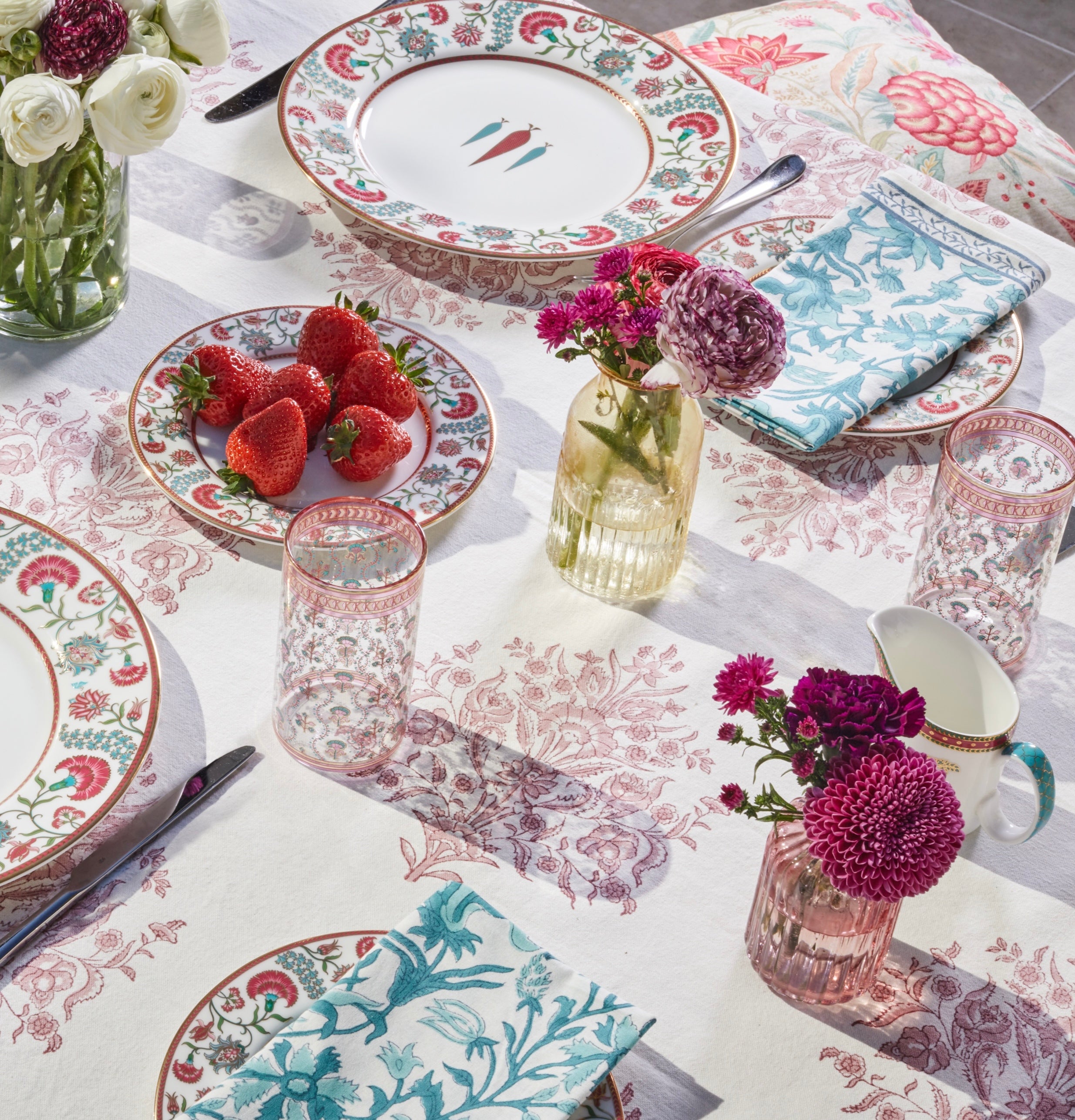 Set of 4 Block Printed Cotton Napkins in Turquoise Florals