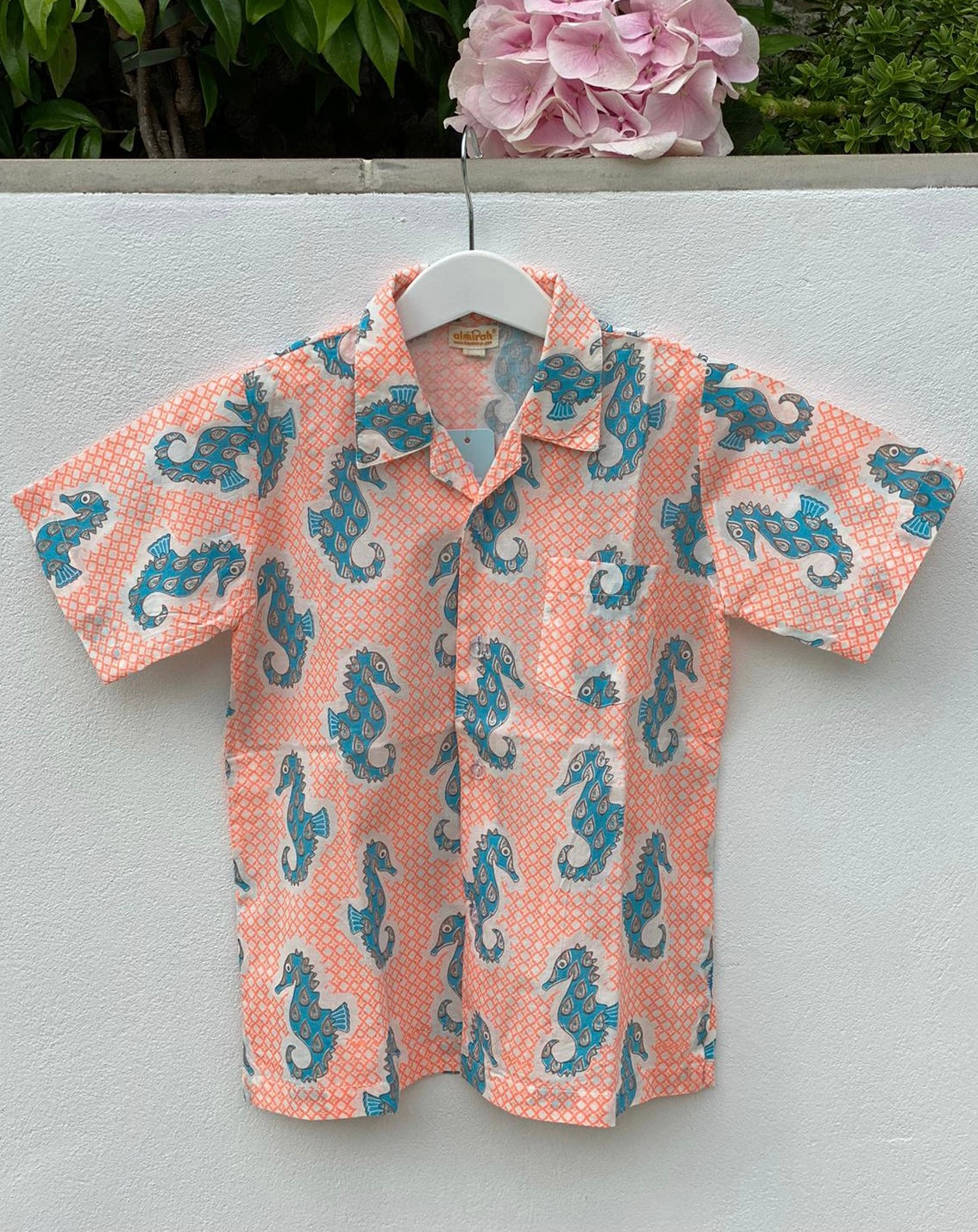 Boys Cotton Shirt in Neon Seahorse Print