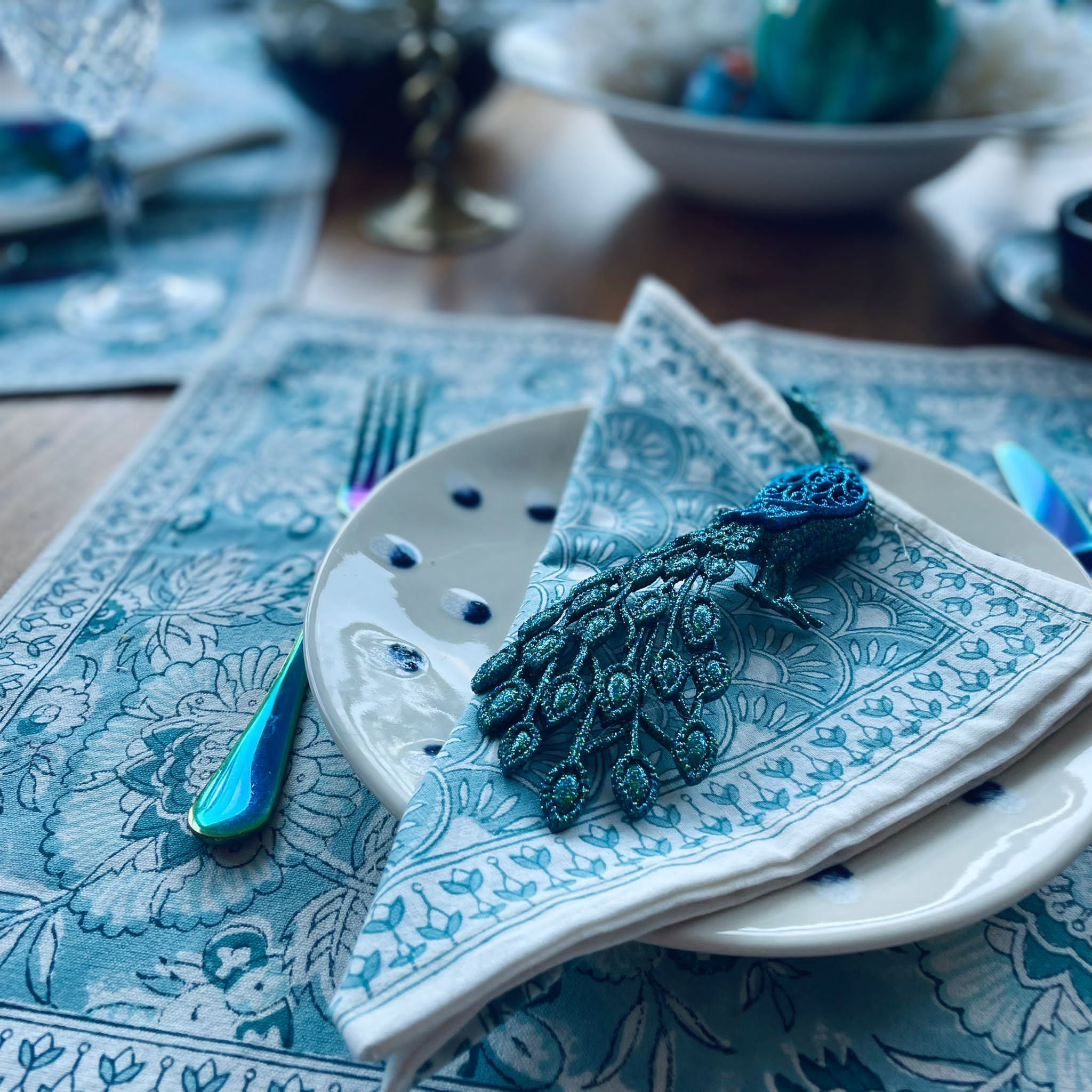 Block Printed Cotton Placemat in Blue Jaipur Flowers