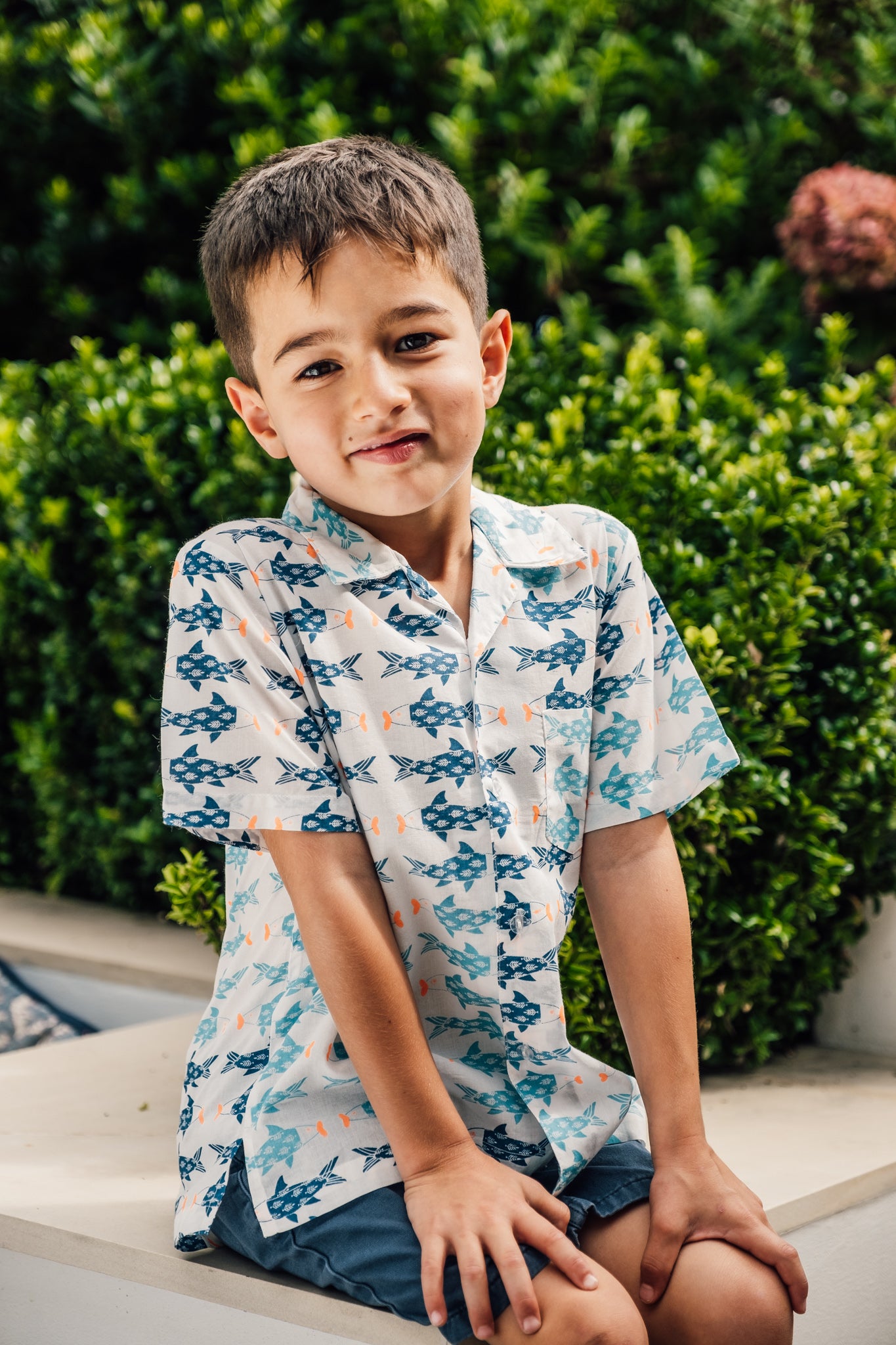 Boys Cotton Shirt in Blue & Aqua Fish Print