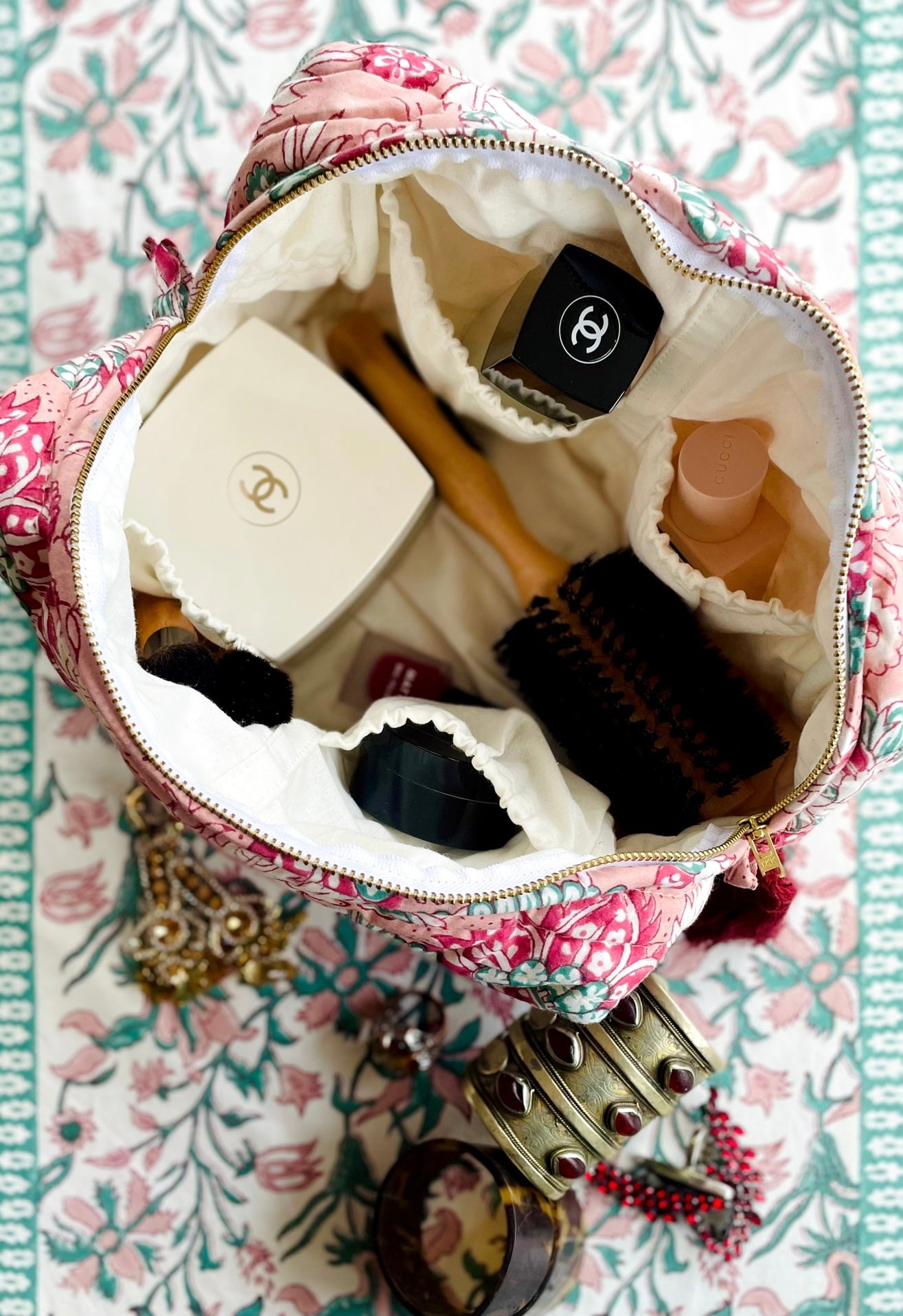 Block Printed Wash Bag in Blush Jaipur Flowers Print