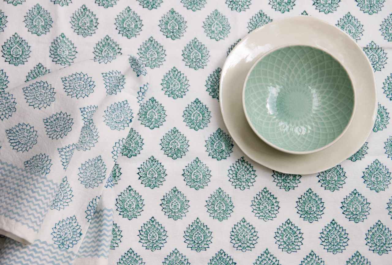 Block Printed Cotton Tablecloth in Lotus Green