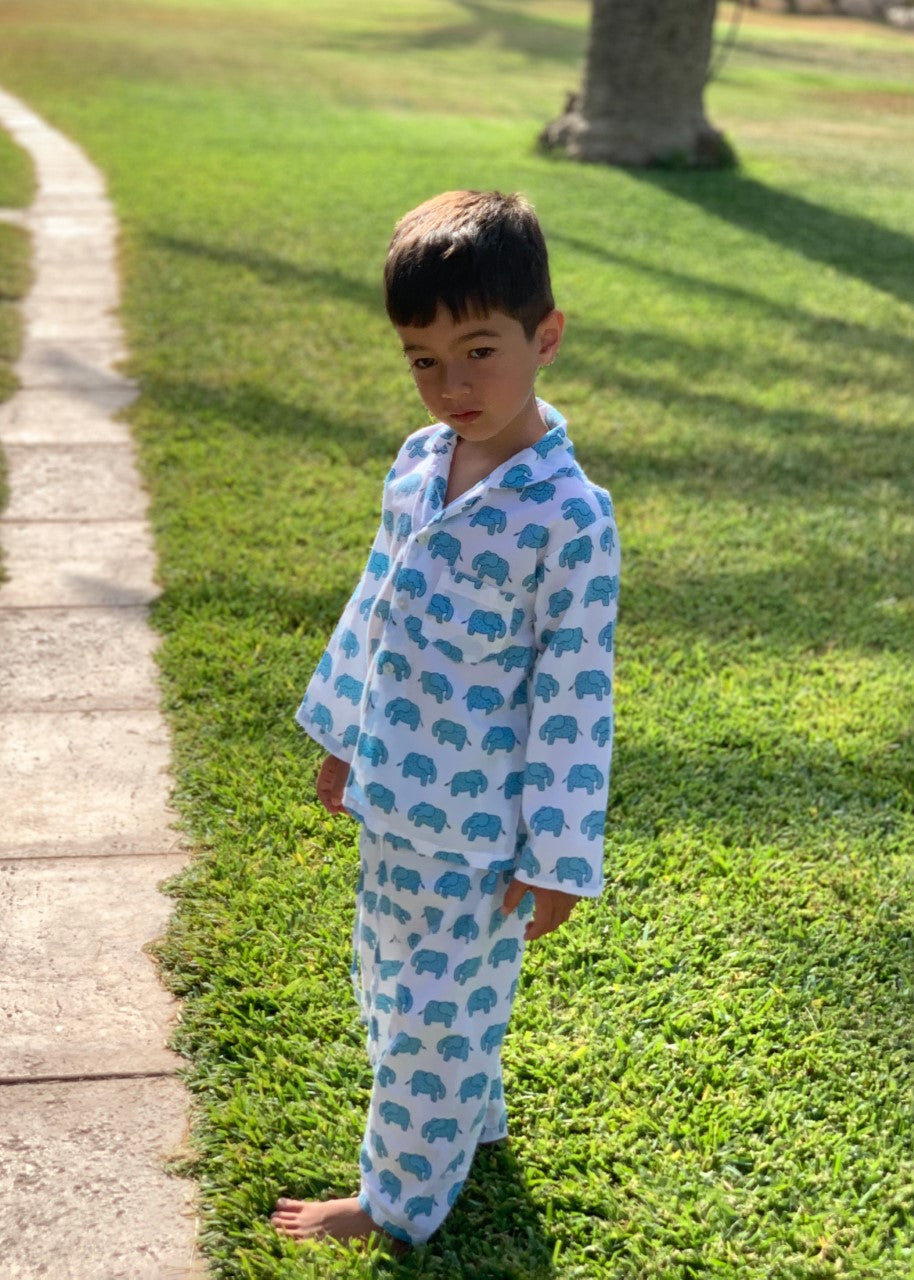 Boys Cotton Pyjamas in Blue Elephant Print